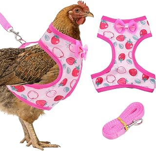 Adjustable Chicken Harness and Leash Set for Hens, Comfortable Breathable Chicken Costume with Strawberry Print for Duck, Goose, Small Pet Training Walking Supplies, Pink, Medium