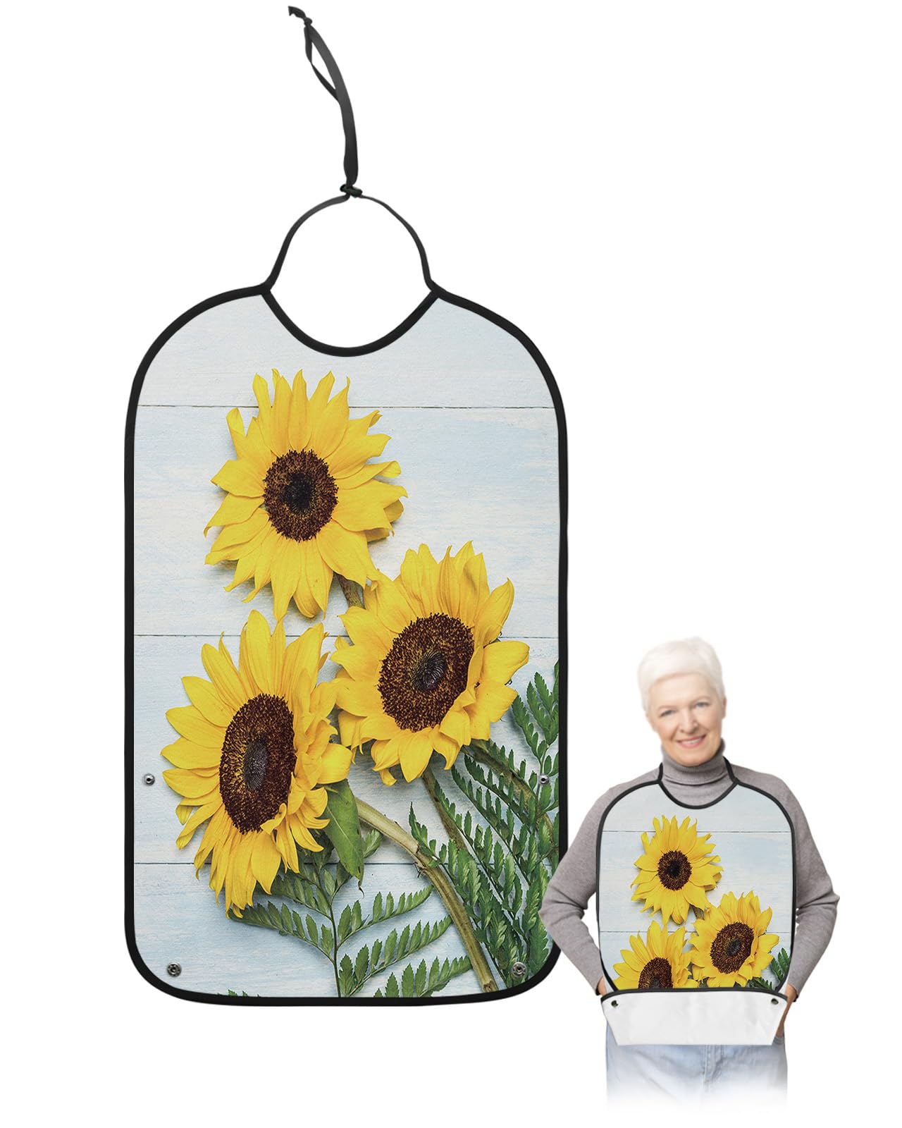 LEOKOTI Sunflower Adult Bibs for Eating, Waterproof Bibs with Food Catcher & Adjustable Snap Closure, Yellow Spring Floral Rustic Wooden Washable Clothing Protectors Adult Bibs for Elderly Women/Men