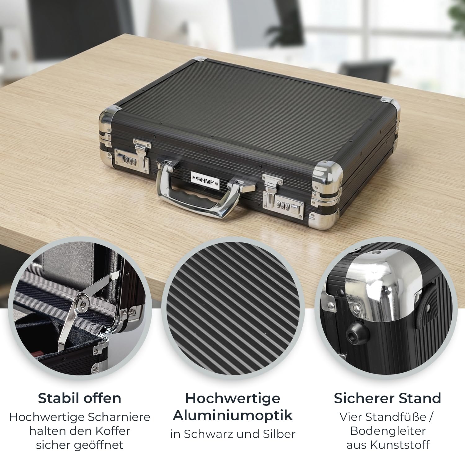 HMF Alu Aktenkoffer für Laptop bis 17,3 Zoll, Businesskoffer Herren mit Zahlenschloss, gepolstertem Laptopfach und Organizer im Deckel | 45 x 33 x 11 cm | Schwarz