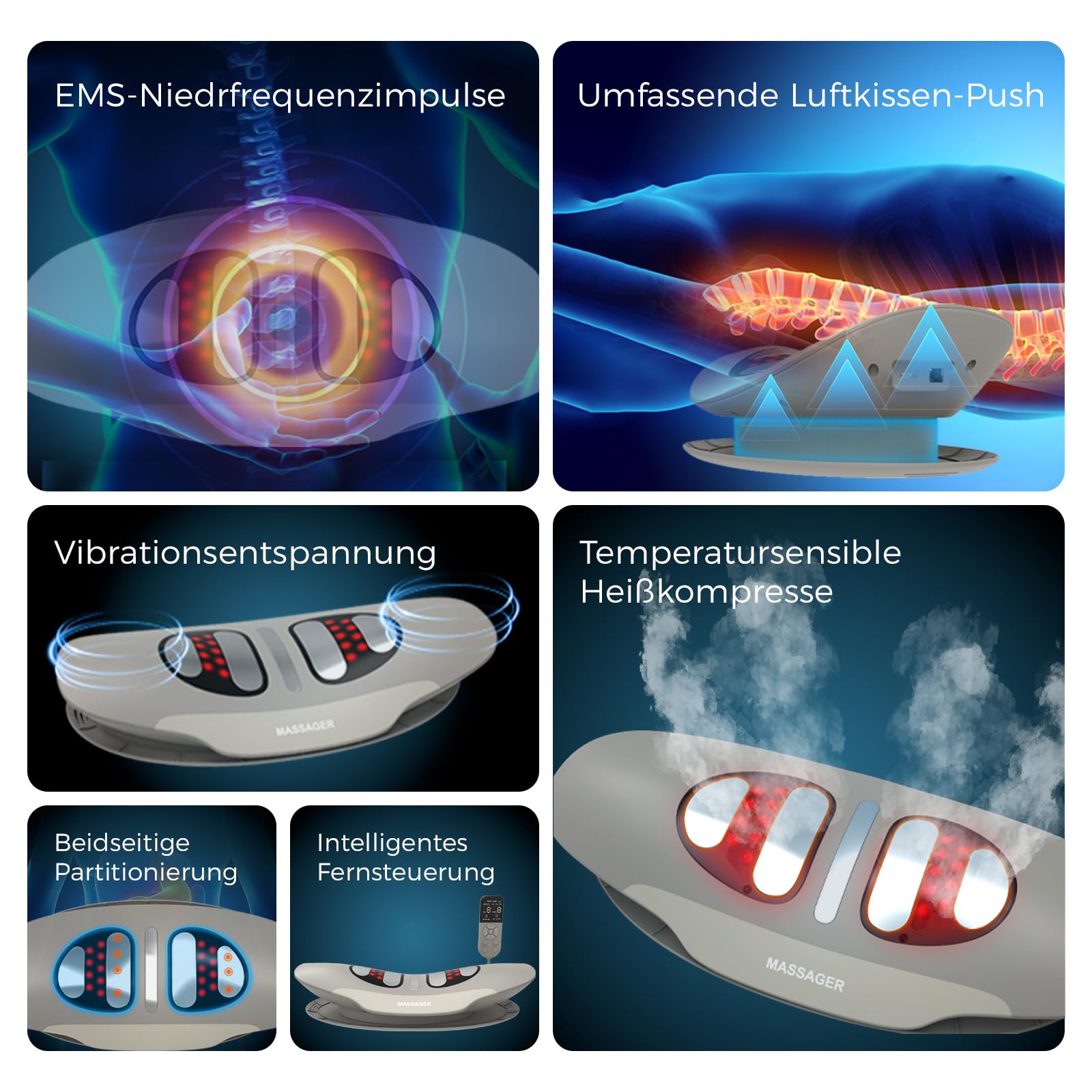Lenden-Zugmassagegerät mit Wärme, Vibration, Krümmungsfunktion, Rückenmassagegerät mit Wärme & EMS-Impuls, Lendenwirbel-Zugmassagegerät mit Vibration, Luftkissen-Hub & Fernbedienung