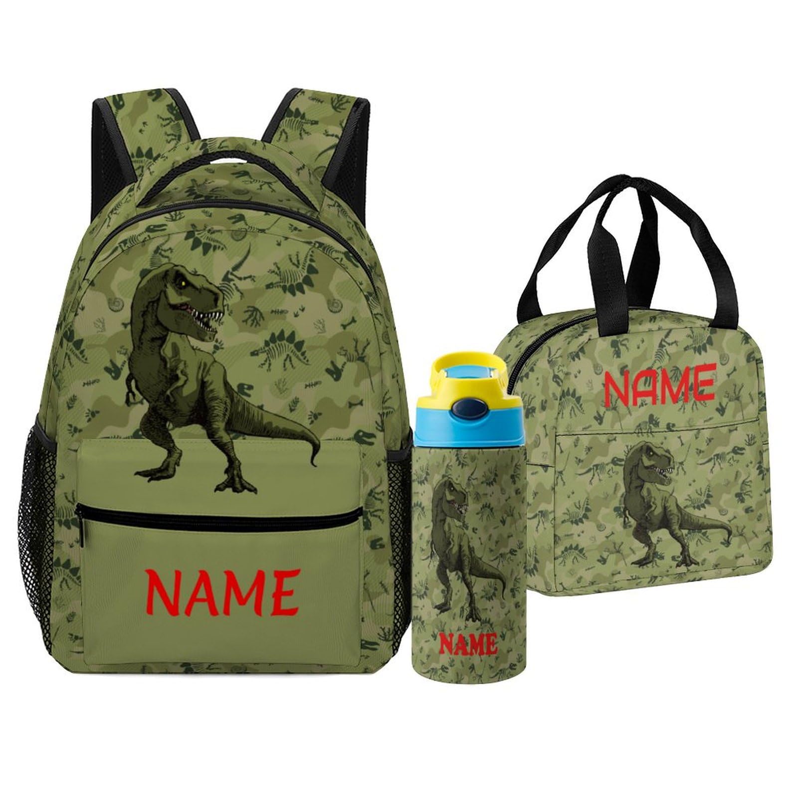 Fovanxixi Custom Dinosaur Skull Camouflage Backpack for Kids Boys Girls Personalized Name School Bag with Lunch Bag Kids Water Bottle Customize 3Pcs