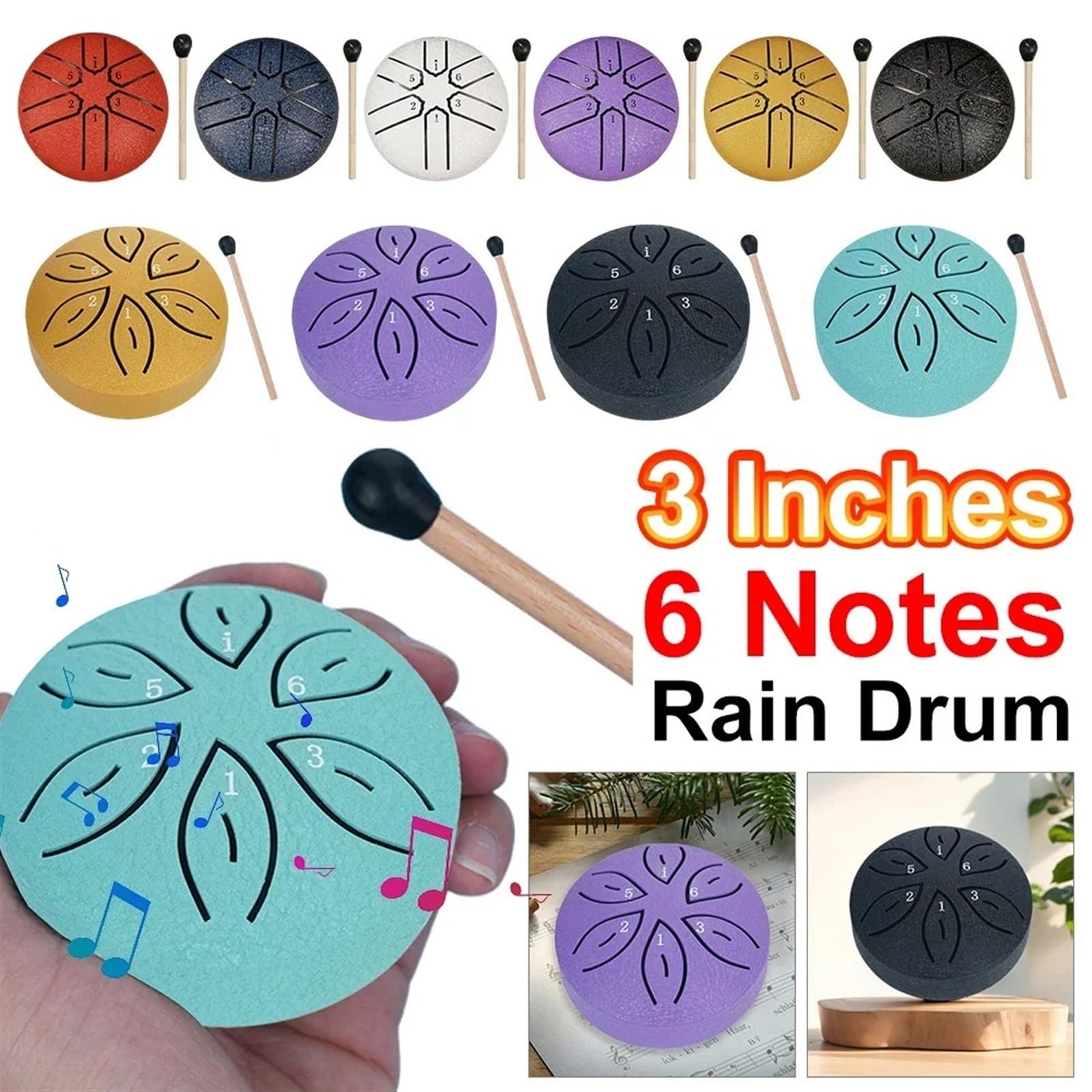 Bębny Hand Pan dla dorosłych, bęben deszczowy 3 cale, 6 nut, stalowy bęben językowy, miniaturowy bęben Hand Pan, bęben eteryczny, bęben do medytacji i jogi, instrumenty perkusyjne (jasnoniebieski)