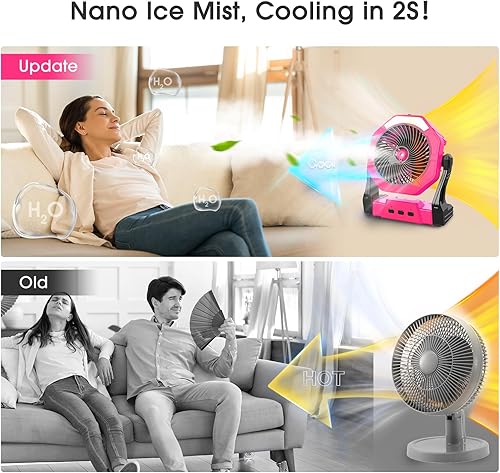 Miniatura 2 de Ventilador de campamento, ventilador de nebulización portátil con luz y tanque de agua de 8.5 fl oz, ventilador recargable de 10000 mAh de 8
