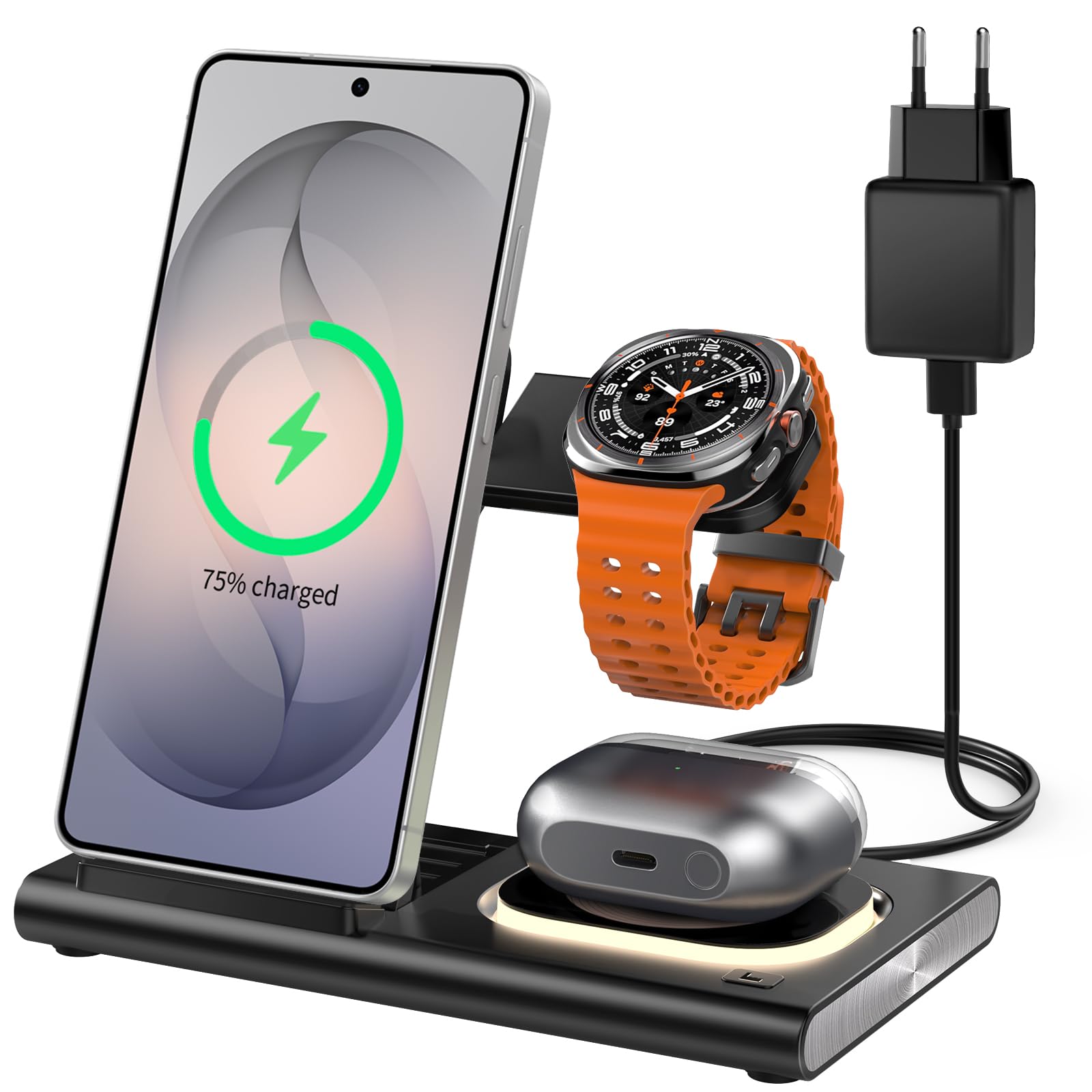 3 in 1 Ladestation für Samsung[Faltbar & Nachtlicht], Induktive Ladestation für Samsung S26/S25/S24/S23/ZFlip/Fold, Wireless Charger für Samsung Galaxy Watch Ultra/8/7/6/5/4/Galaxy Buds