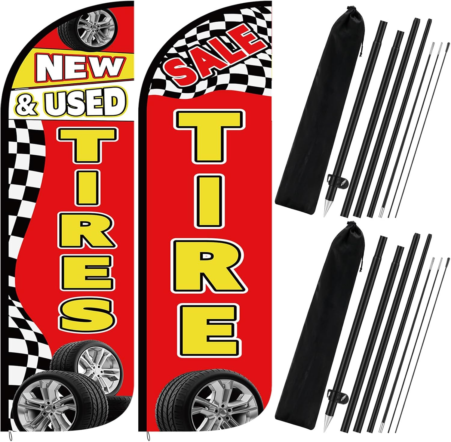 Remagr 2 Pack 15 Feet Tire Sale King Flags New and Used Tires Shop Feather Flags with Pole Banner for Businesses Highly Visible Weatherproof Polyester Banner to Sale Tyre Advertising Signs Supplies