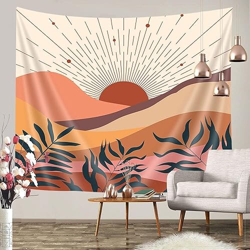 Miniatura 4 de Viajar Tapiz bohemio, tapiz bohemio de sol de montaña de mediados de siglo, paisaje abstracto para colgar en la pared, paisaje natural, decoración