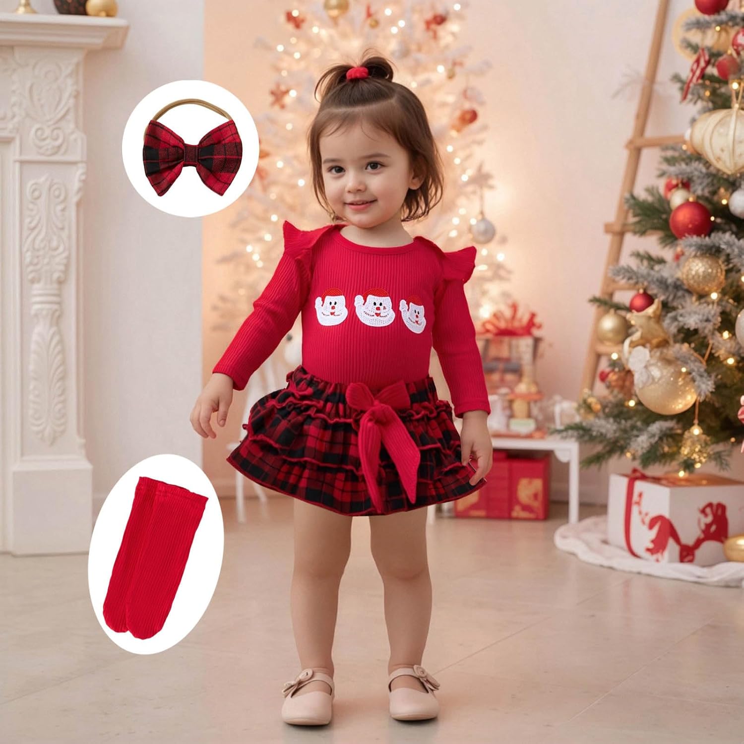 My First Baby Girl Christmas Outfit Long Sleeve Romper Plaid Skirt Shorts Headband Sets Newborn Christmas Clothes - Image 2