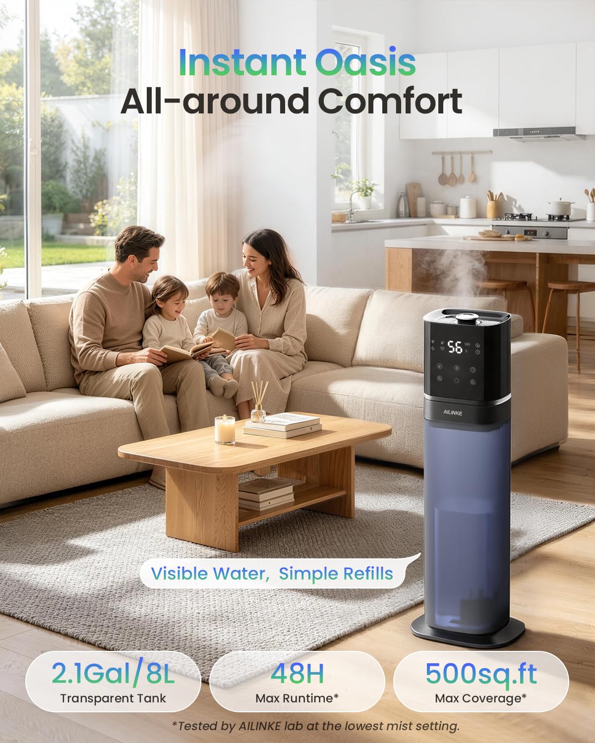 Humidificador Inteligente para Habitación Grande, 2.1 Gal/8 L, con Tubo Extendido y Luz Nocturna, Humidificador de Niebla Fría para Toda la Casa de 1000 Pies²