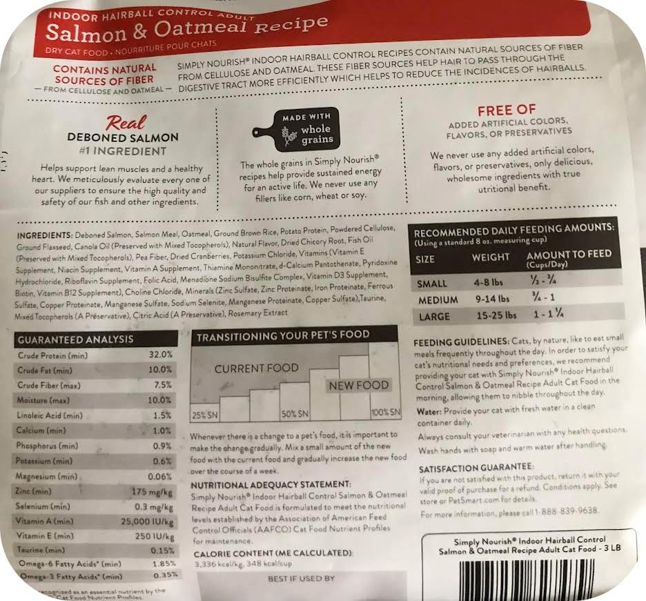 SIMPLY NOURISH Indoor Adult Cat Salmon & Oatmeal Recipe. Natural Fiber Helps Control Hairballs. 1-3 LB (1.36 kg) Bag of Dry Cat Food.