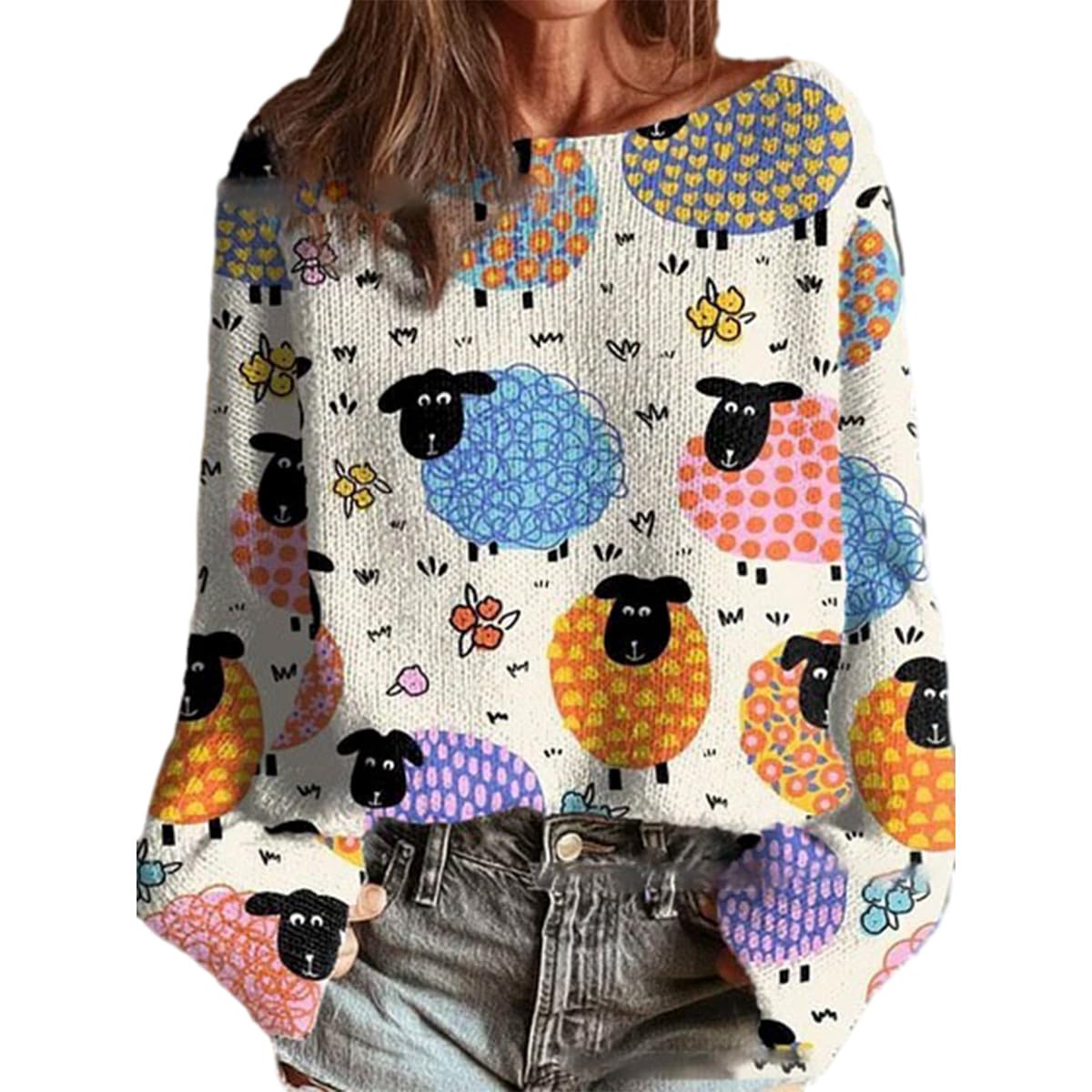 Womens Novelty Bohemian Floral Print Sweater Long Sleeve Crew Neck Loose Knit Pullover Cute Animal Graphic Jumper Top