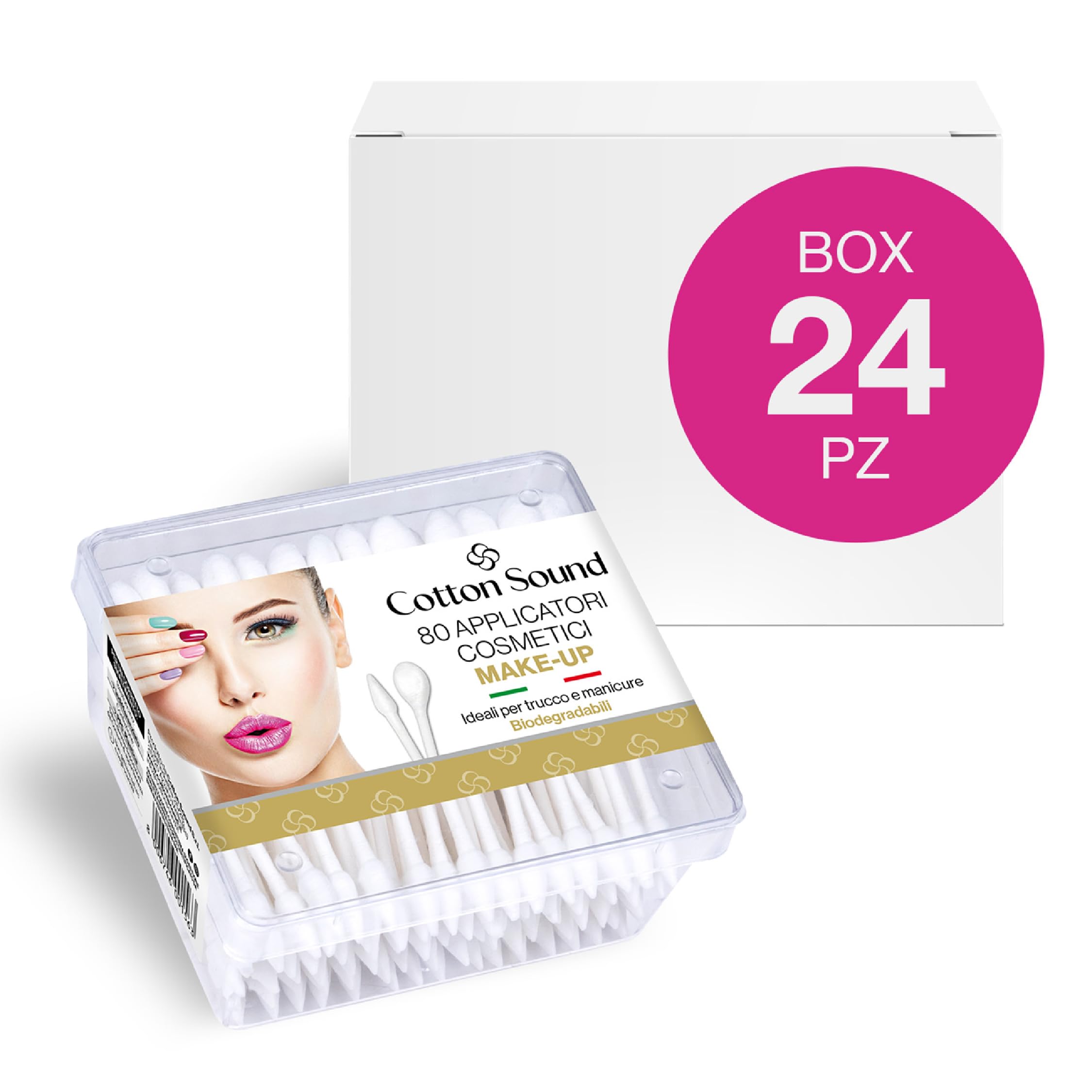 COTTON SOUND GOLD MAKE UP Applicatori Cosmetici Cotonati 24 confezioni x 80 Pezzi, Scatola in Carta Biodegradabile, 100% Puro Cotone Idrofilo, Ideali Trucco e Manicure, Made in Italy