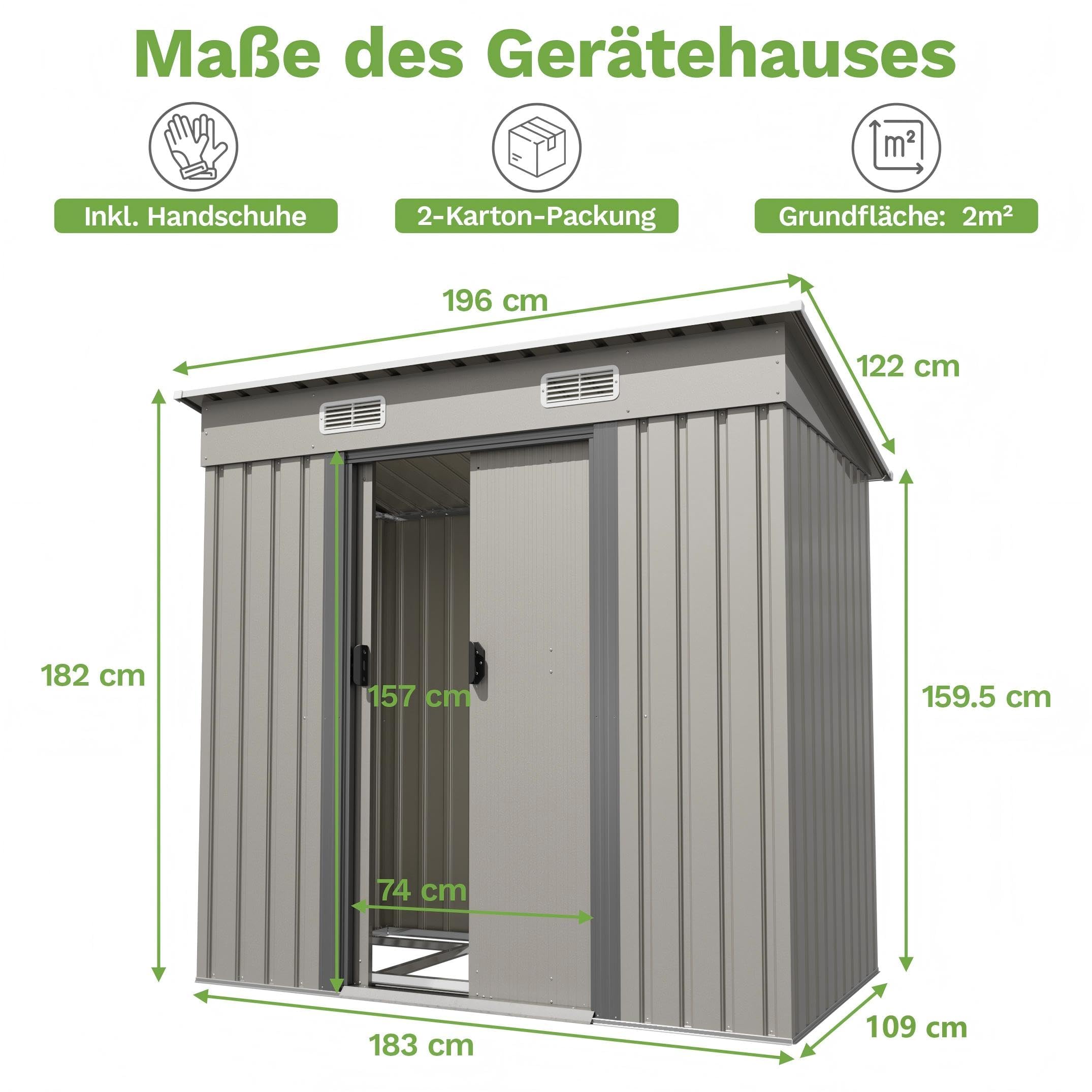 Devoko Metall Geräteschuppen 196x122x182cm mit Fundament, 4.0m³ Gerätehaus mit Pultdach und Schiebetür, Outdoor, Wetterfest, Gartenschuppen für Fahrrad,Terrasse, Rasen, Grau