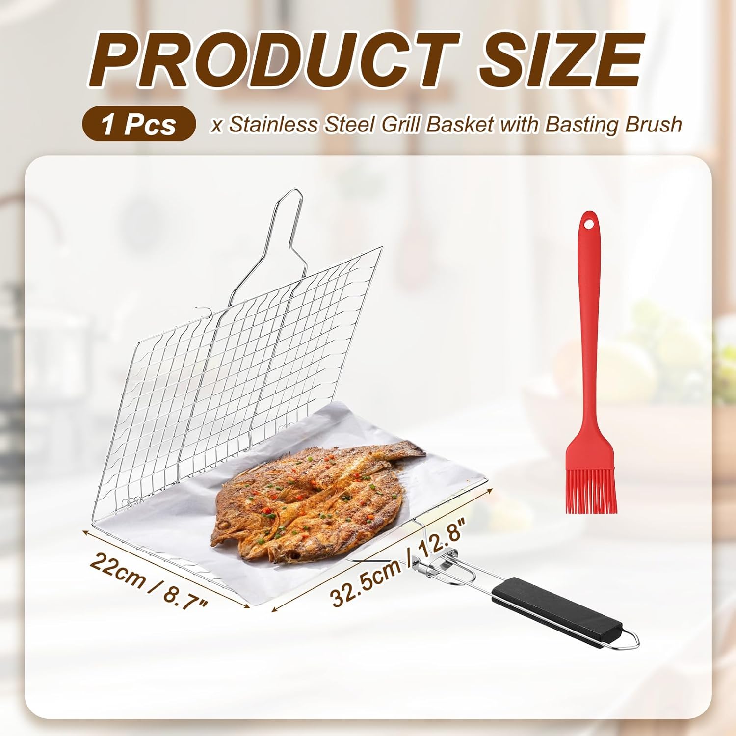uxcell Stainless Steel Grill Basket, Portable Fish Grilling Basket Folding Grilling Rack with Removable Handle, Comes with Basting Brush for Grill Meat Fish Vegetables, Silver