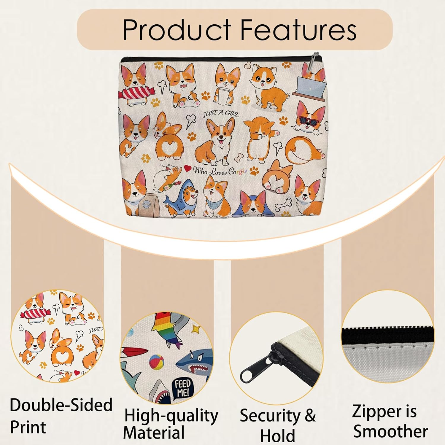 Corgi Makeup Bag for Women - Lightweight Travel Pouch with Lining, High-definition, Double-Sided Printed, Funny Corgi Gift Bags for Birthday & Christmas Gifts - Image 5