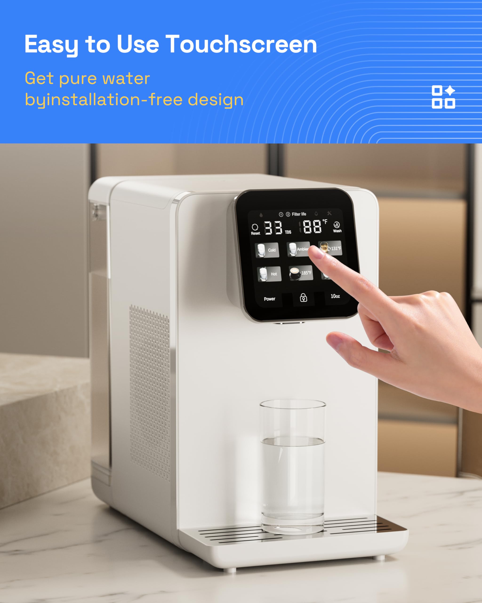 HBN Sistema di filtraggio dell'acqua a osmosi inversa da banco caldo e freddo, 6 opzioni di temperatura, doppio filtro PAC+ROC, controllo touch, per cucina domestica o uso ufficio