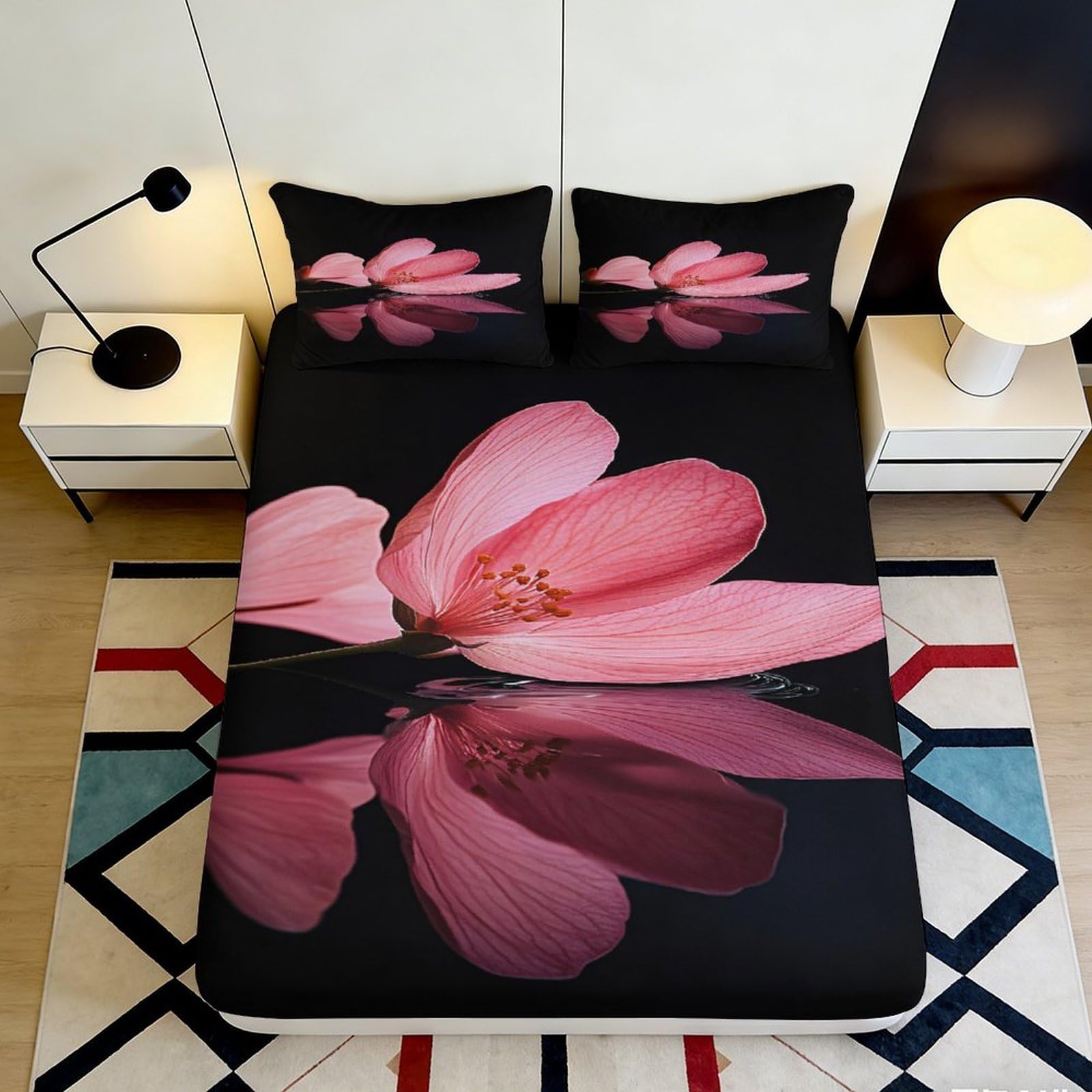 Pnayamiorkfel Style-9 3D Printed Pink Blossom Fitted Sheet Microfiber Soft Decorative Reflection Bed Cover For Bedroom Guest Room Easy Care 90X200x25cm
