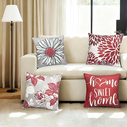 Miniatura 2 de RYSMIYOU Juego de 4 fundas de almohada decorativas de tiro de color rojo vino de 22 x 22 pulgadas, fundas de cojín cuadradas de lino, fundas de