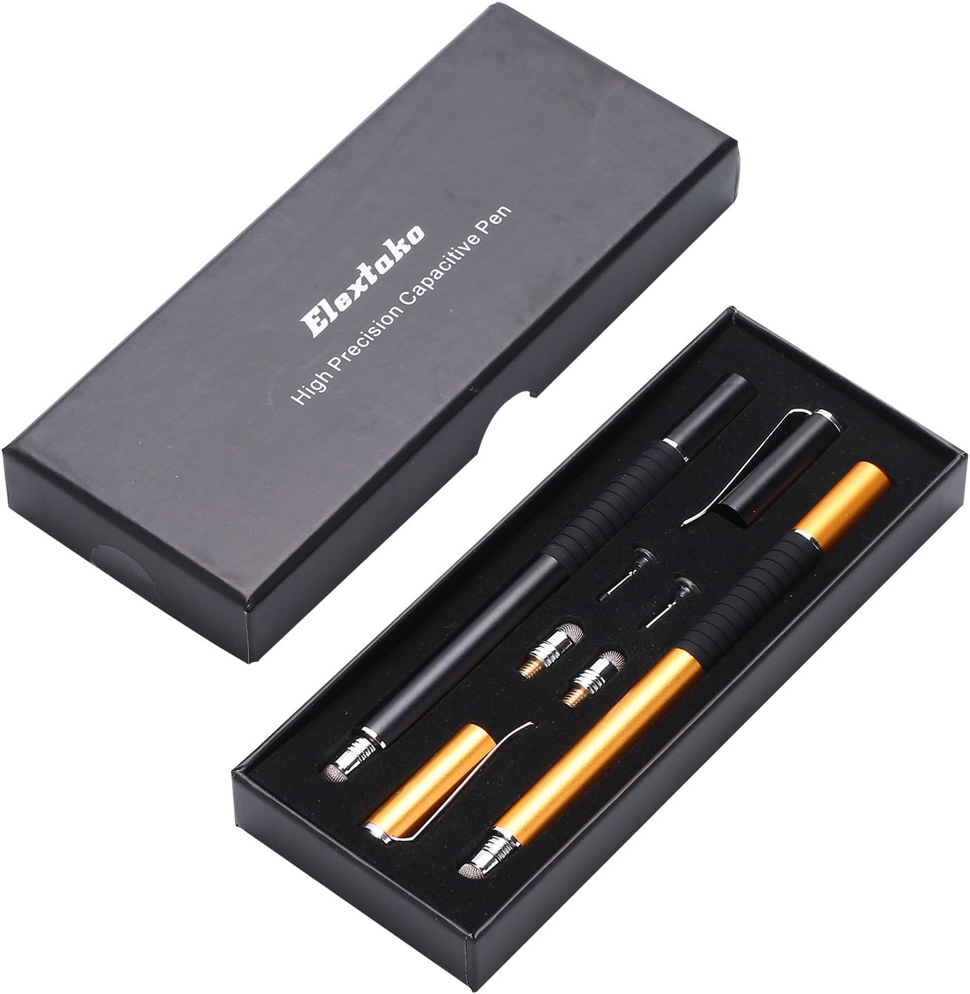 Elextako (2 Pcs) 2 in 1 Precision capacitive Pen Disc Stylus with 2 More Hook Cap,2 Replaceable Disc Tips Nib, 2 More Fiber Tips for All Touch Screen Devices (Black and Gold)