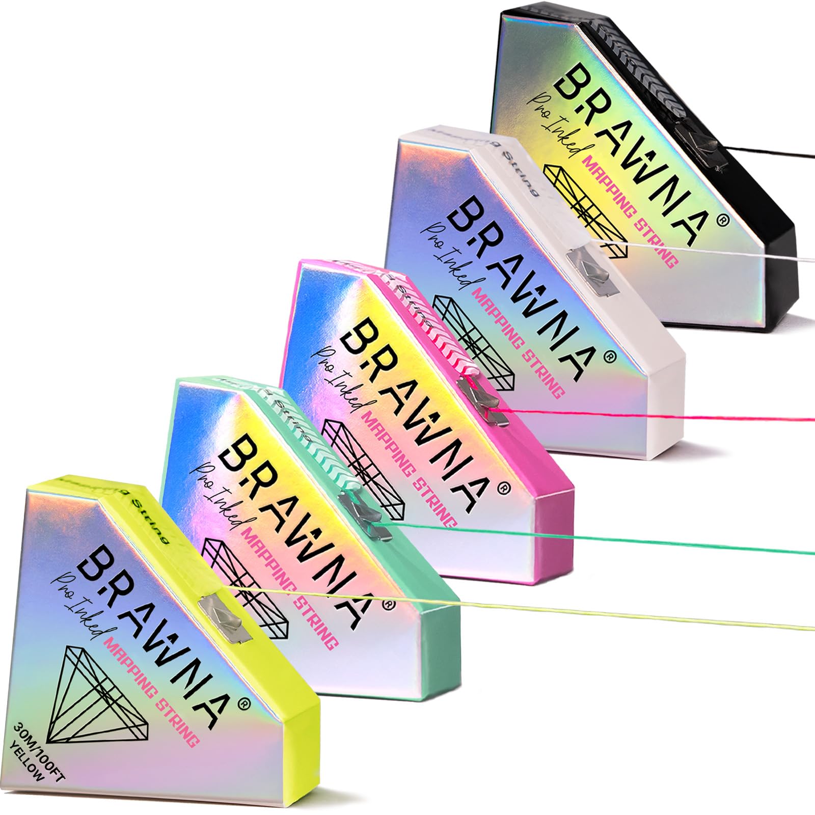 BRAWNA 5 Pack Pro Inked Mapping String for Brow and Lip Measuring - White - Black - Pink - Turquoise - Yellow - 30 Meters Each - PMU Supplies - Mapping Tool for Eyebrow Lamination, Henna, Tint