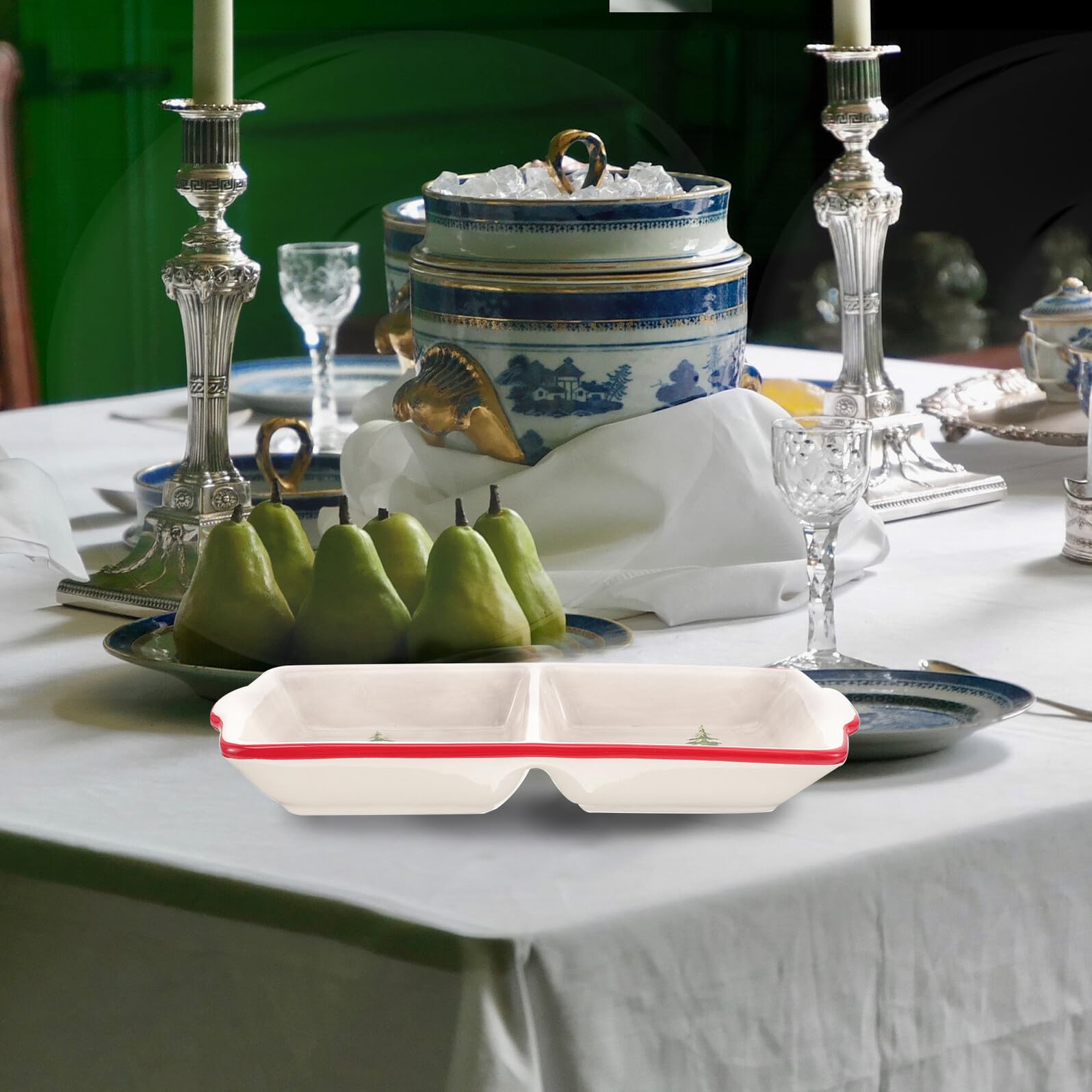 COLLBATH Plato Cerámico Dividido para Servir Alimentos Diseño Navideño Doble Compartimento Plato para Postres y Salsas para Cenas Casa