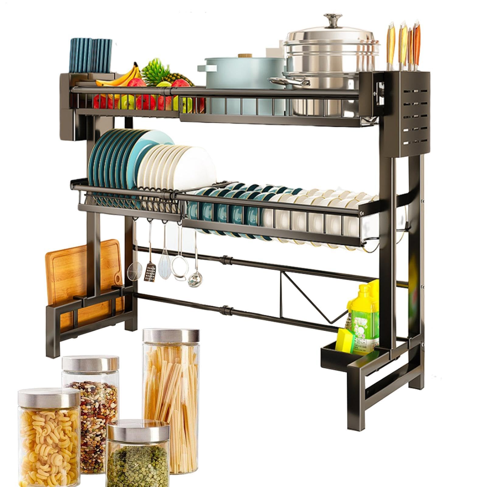 Égouttoir à vaisselle extensible à 2 niveaux pour évier – Noir en acier sans acier, nizer de cuisine peu encombrant, installation facile pour les petites cuisines et appartements