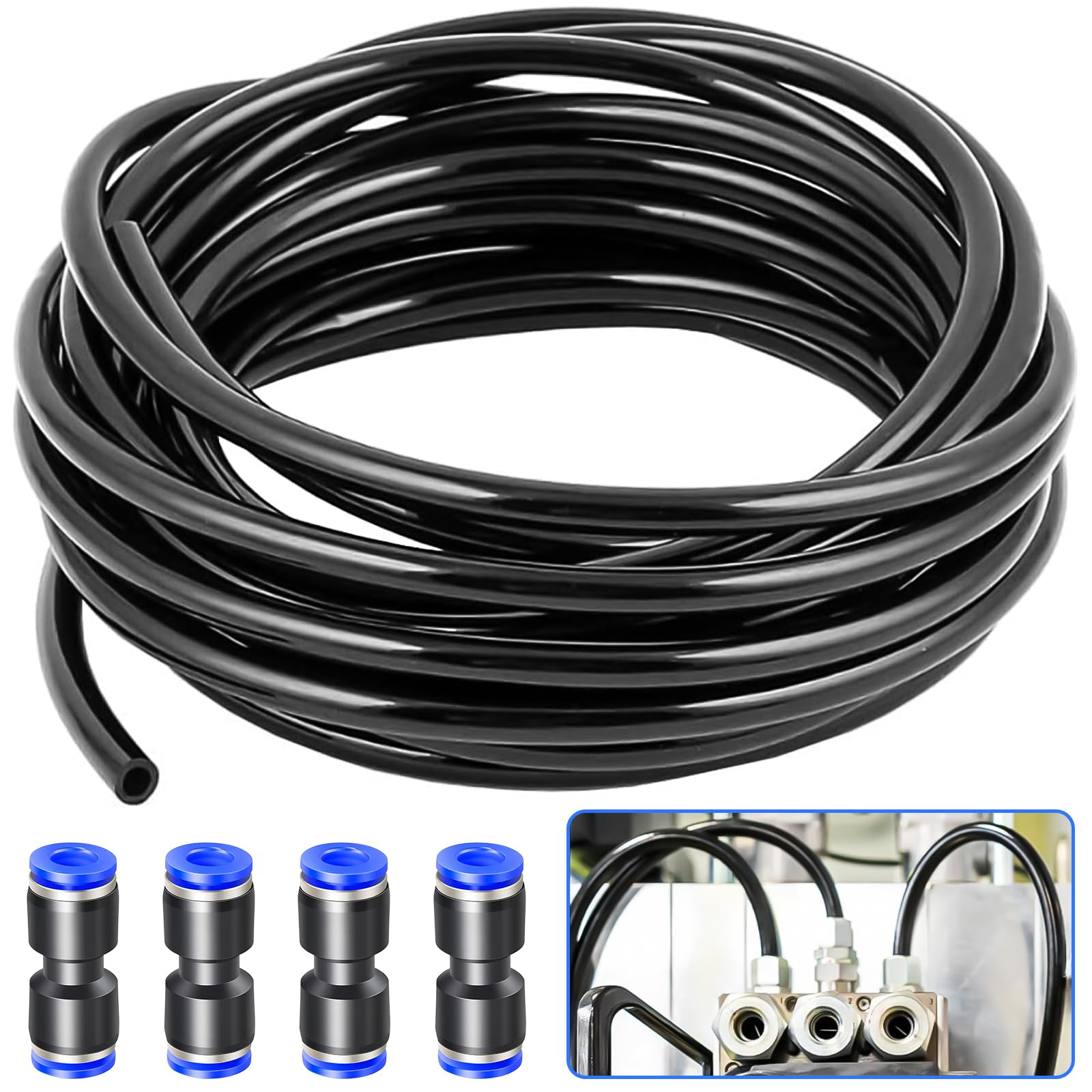 20m Tuyau Pneumatique, Tuyau Pneumatique 6mm avec 4 Connecteurs Pneumatiques, pour Equipements Pneumatiques, Industriels et Domestiques (Noir)