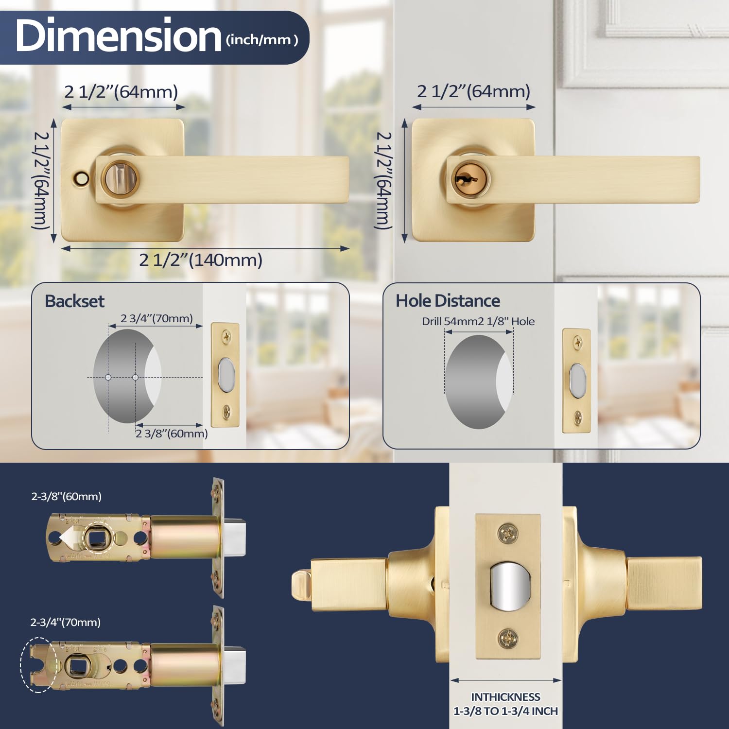 EHOMEWARE Paquete de 4 manijas de puerta de entrada con cerradura y llaves, latón cepillado, pomos dorados con llaves para dormitorio o sala de estar, uso interior o exterior