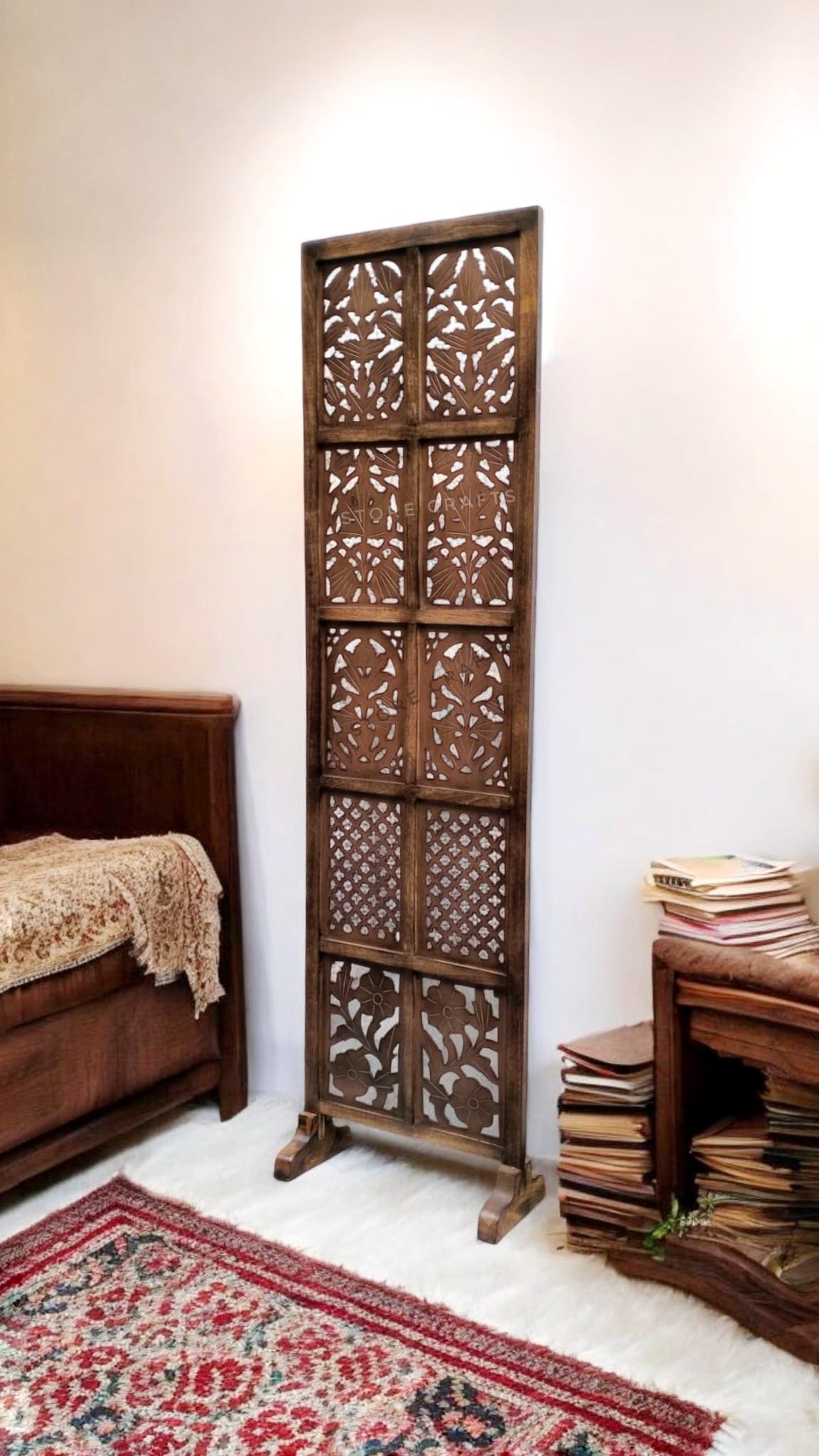 Store crafts Decorative Wooden Room Divider Screen, Hand-Carved Floral Pattern, Brown Standing Panel, Traditional Design 1 Panel 6 Feet Living Room Partition Pooja Room Screen-image-21