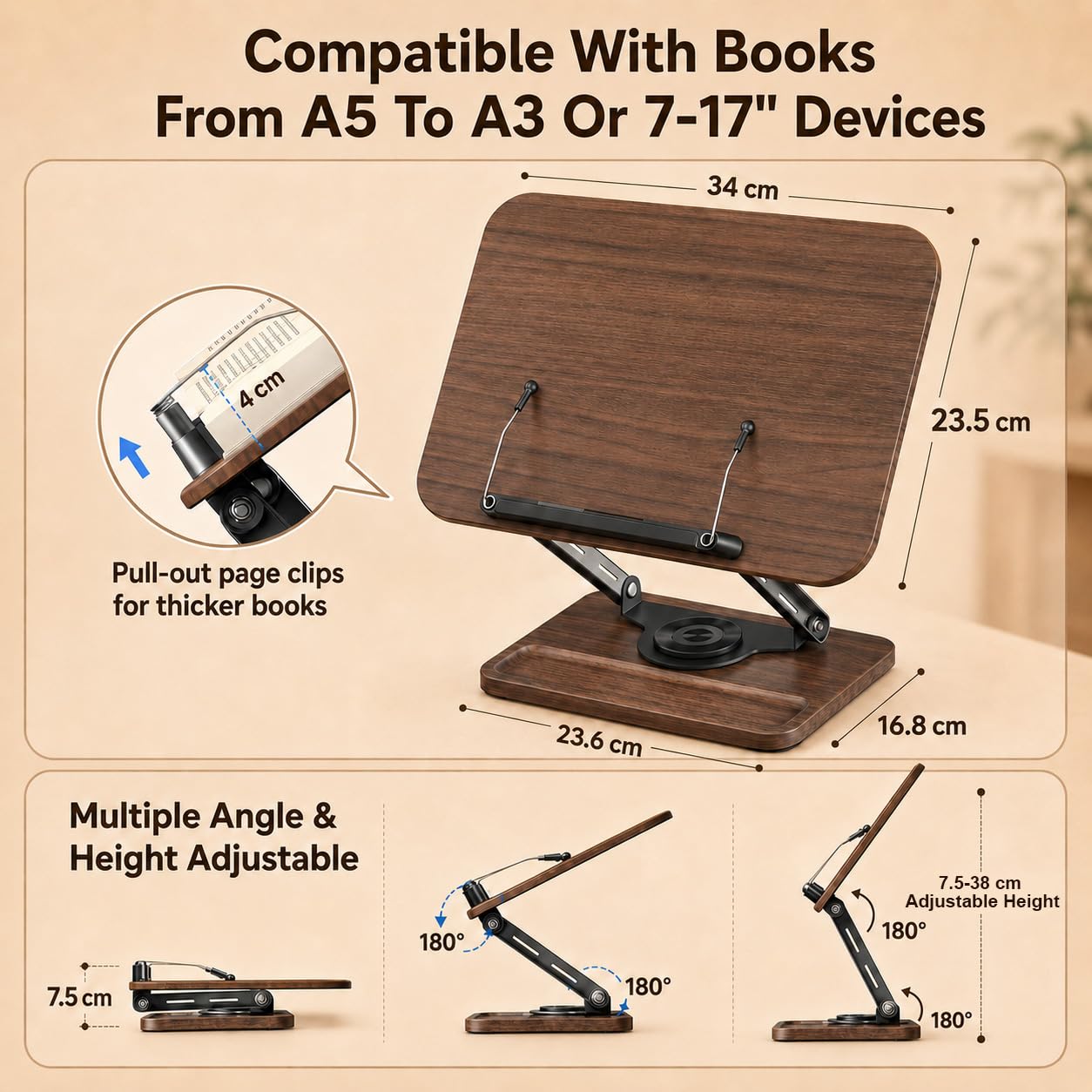 Support de livre pour lecture réglable en hauteur 7,5-38 cm