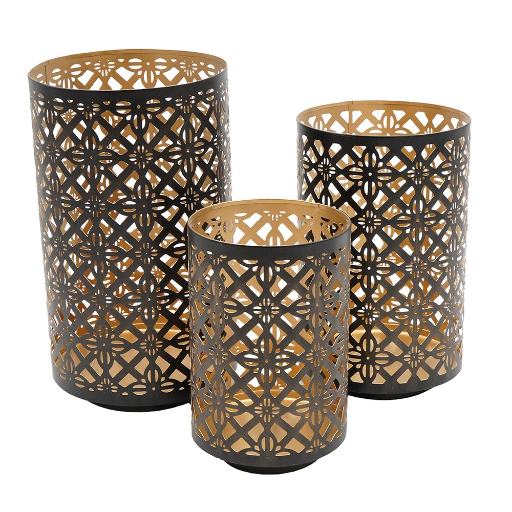 T2 Concept Set of 3 Pierced Metal Lanterns in Black & Gold, 5-7