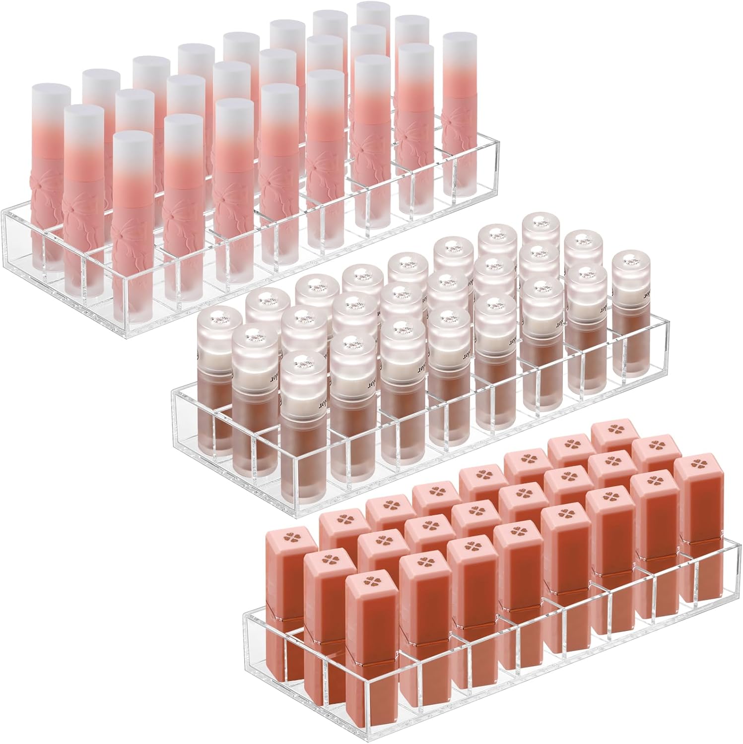 Kigley Clear Lipstick Organizer Acrylic Lip Gloss Holder Cosmetic Storage Lipstick Display Case for Women Perfume Sample Drawer Brushes Bottles Birthday Gift(3 Pcs,24 Grid)
