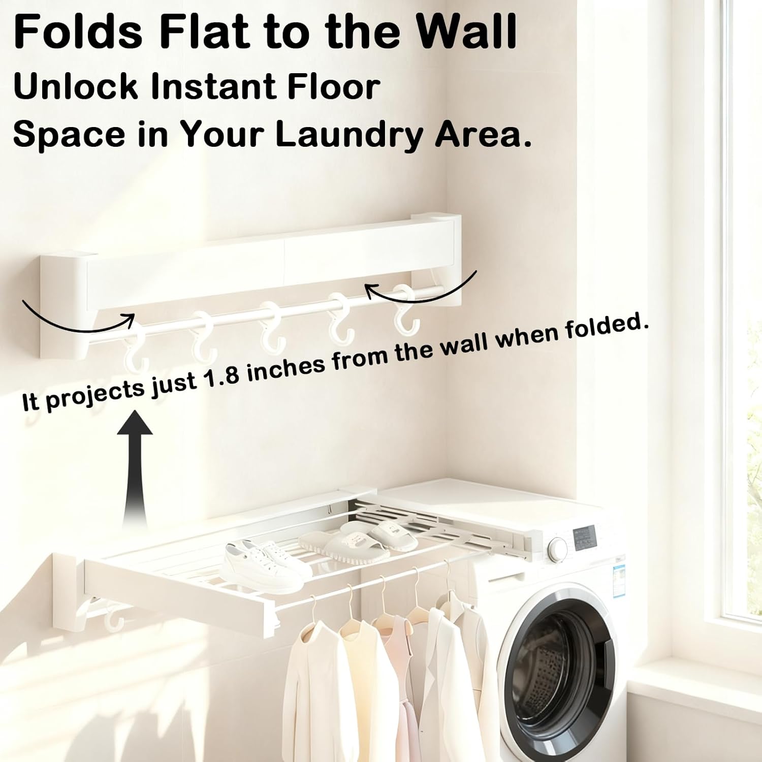 Wall Mounted Clothes Drying Rack 27 inches,Foldbale Laundry Drying Rack 6 Rods,Hidden Drying Rack Clothing,Retractable,Collapsible,Screws Needed Folding Laundry Rack (White, Medium)