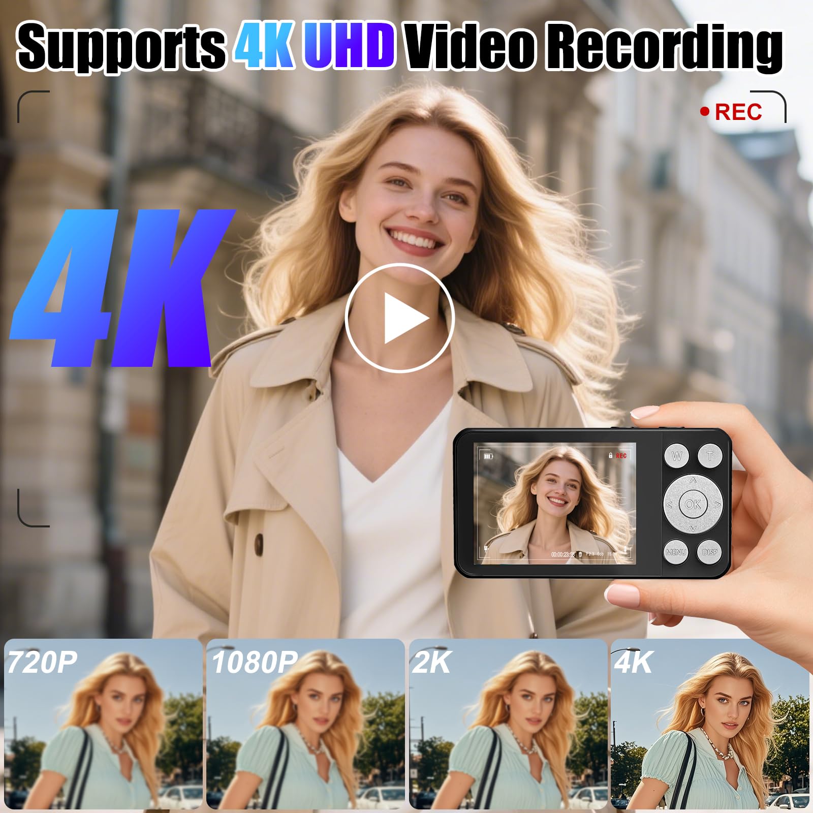 OBEST Appareil photo numérique 4K 64 Go, 64 MP, autofocus, avec écran LCD 2,8", zoom numérique 18x, mini appareil photo portable 2000 mAh pour adolescents, adultes et débutants