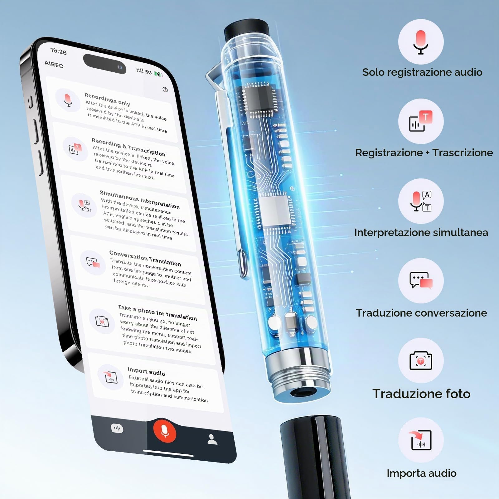 Penna Registratore Vocale 64GB, Mini Registratore Vocale Spia con AI, Traduzione 60+ Lingue, Registrazione Audio da 10 Ore, Microspia Audio Cimice a Distanza HD, per Riunioni, Lezioni, Interviste