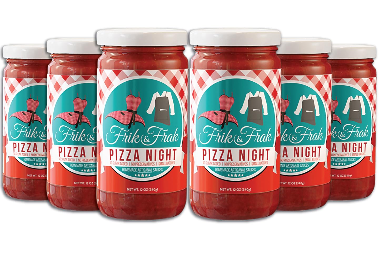 Pizza Night Sauce by Frik & Frak, 6-Pack, No Sugar Added, No Preservatives, Gluten Free, 36 Month Shelf Life, Artisan Small Batch Crafted Pizza Sauces, 12 Oz Jars