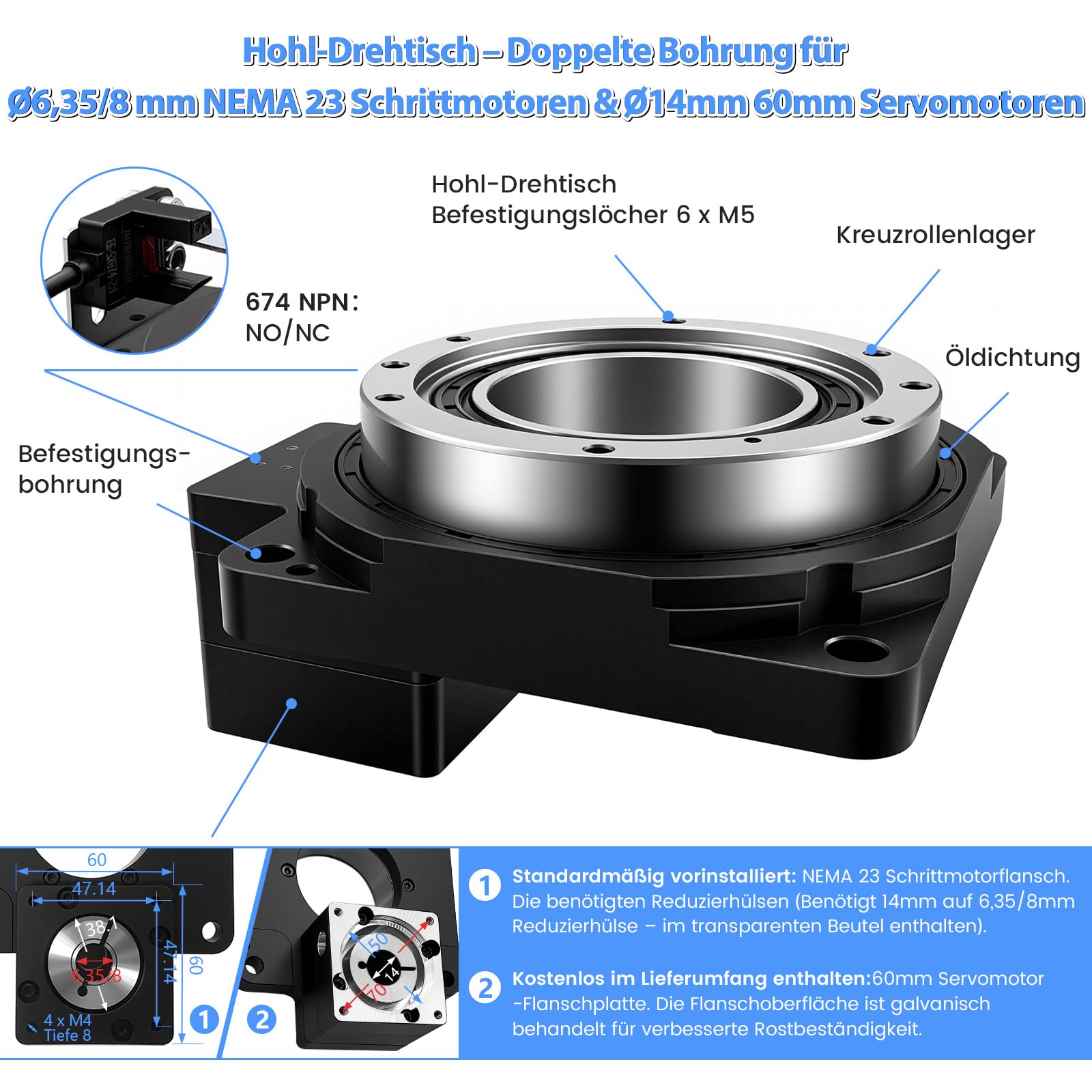 CNC Hohlwellen Drehtisch Untersetzung 10:1 360° Elektrischer Positioniertisch Ersatz für Direktantrieb Kurvenindexer Passend für NEMA 23 Schrittmotor &60mm Servomotor