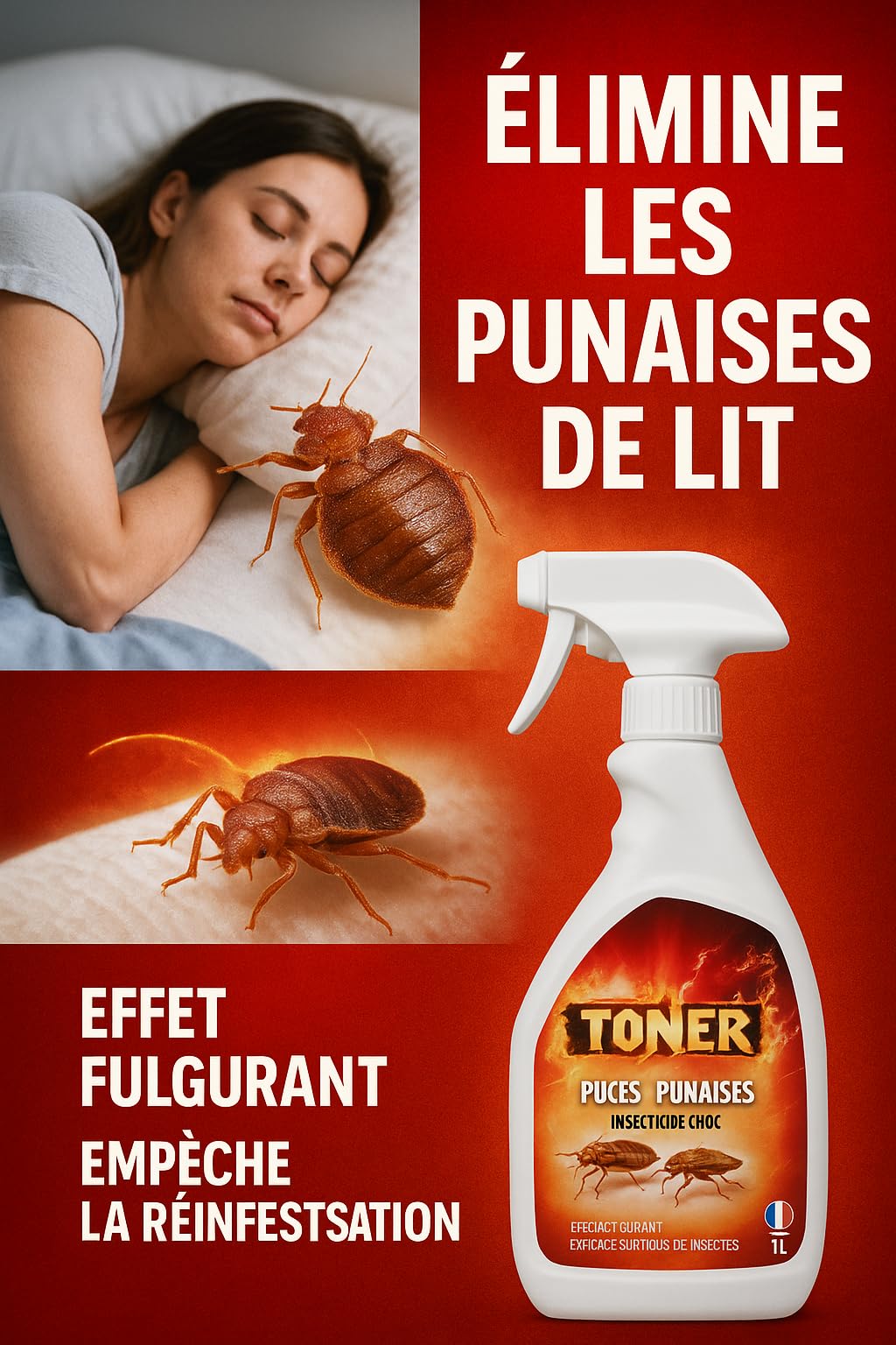 TONER Protect’ Puces et Punaises – Insecticide Choc 1L – Élimination Immédiate – Empêche la Réinfestation – Spray Anti Punaises de Lit et Puces – Action Foudroyante – Fabriqué en France