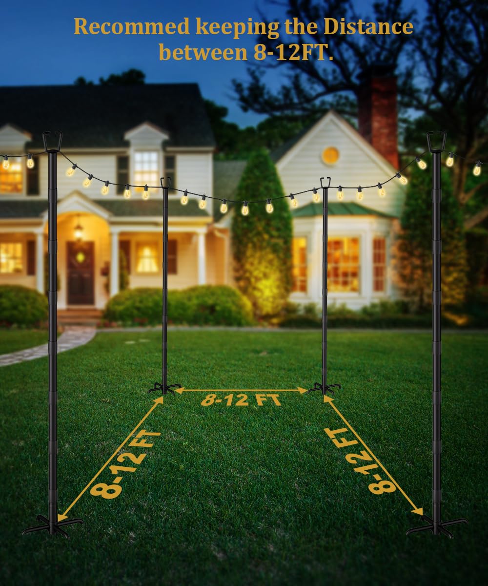 Confezione da 2 pali luminosi da 3 m per decorazione esterna, robusto palo luminoso con forchetta, pali in metallo regolabili per patio esterno, cortile, terrazza, giardino, feste, matrimoni