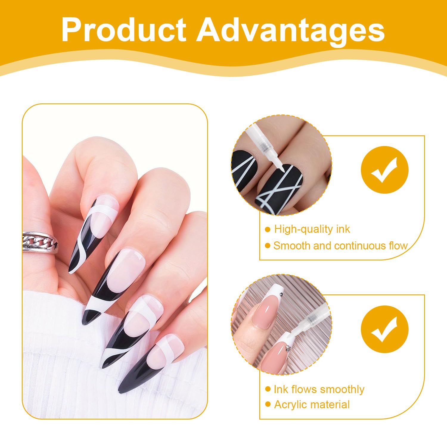 French Nails - Penna bianca per unghie creativa, set di unghie in gel e manicure, penna francese di precisione per nail art