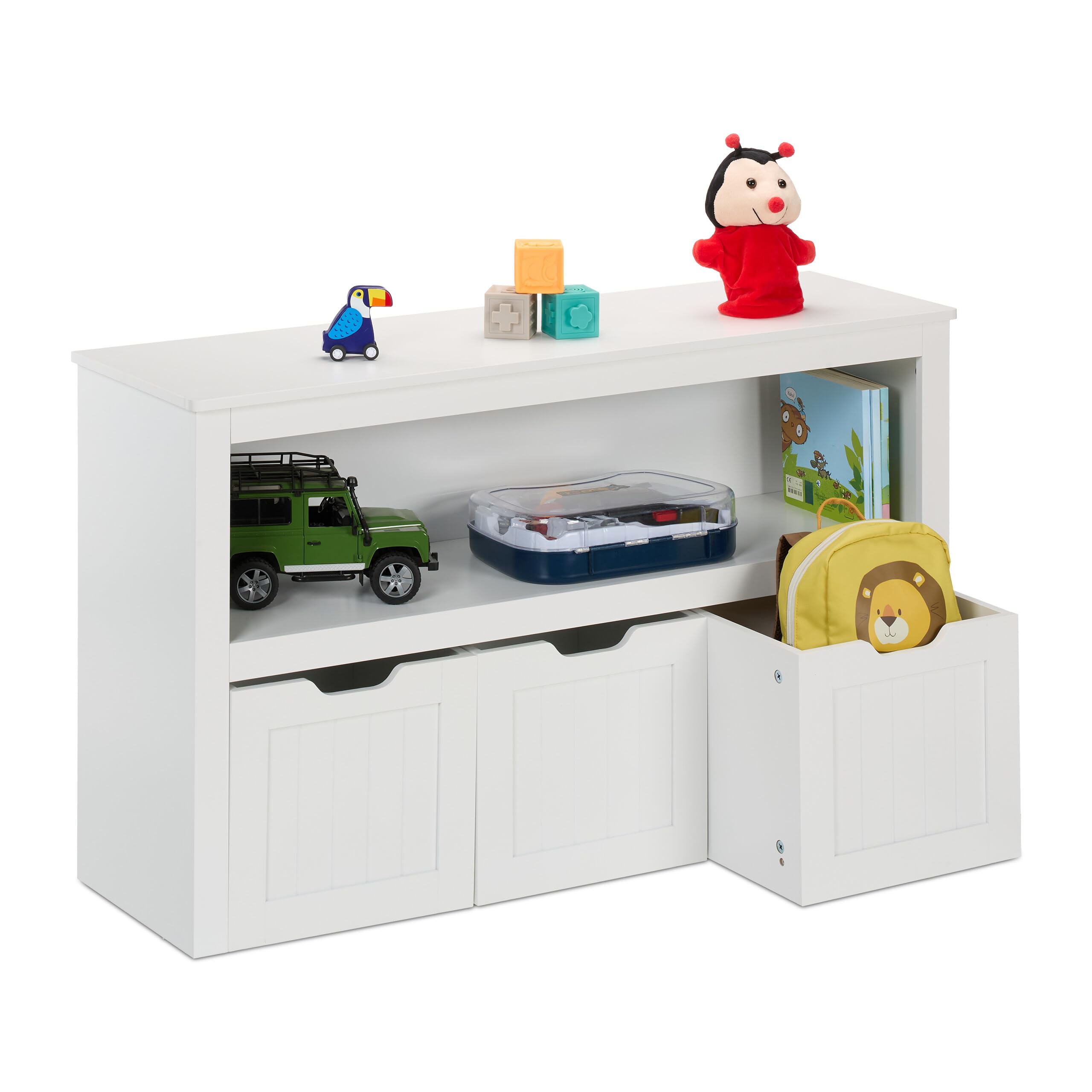 Relaxdays Estantería Infantil, Organizador Juguetes, 3 Cajas con Ruedas, 60 x 102 x 30 cm, Mueble Juguetero MDF, Blanco
