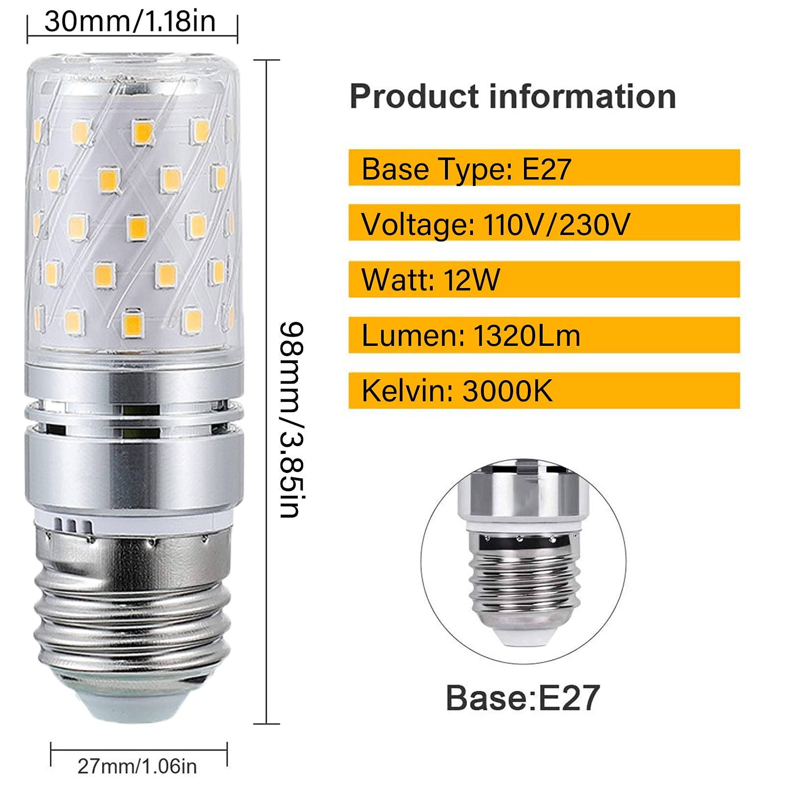 Bombillas LED E27,luz blanca cálida,12 W,1320 lúmenes,equivalente a bombilla incandescente de 120 W,CA 110 V/230 V,ángulo de haz de 360°,lámpara LED de maíz para candelabros,luces de pared,lámpara de