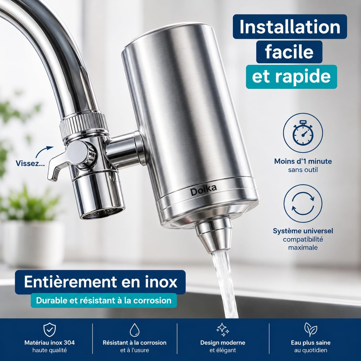 Filtre Eau Robinet Cuisine Dolka – Purificateur Eau Robinet en 100% inox – Eau Filtrée Instantanée – Filtre Eau Maison avec Charbon Actif – Installation Facile Sans Outils