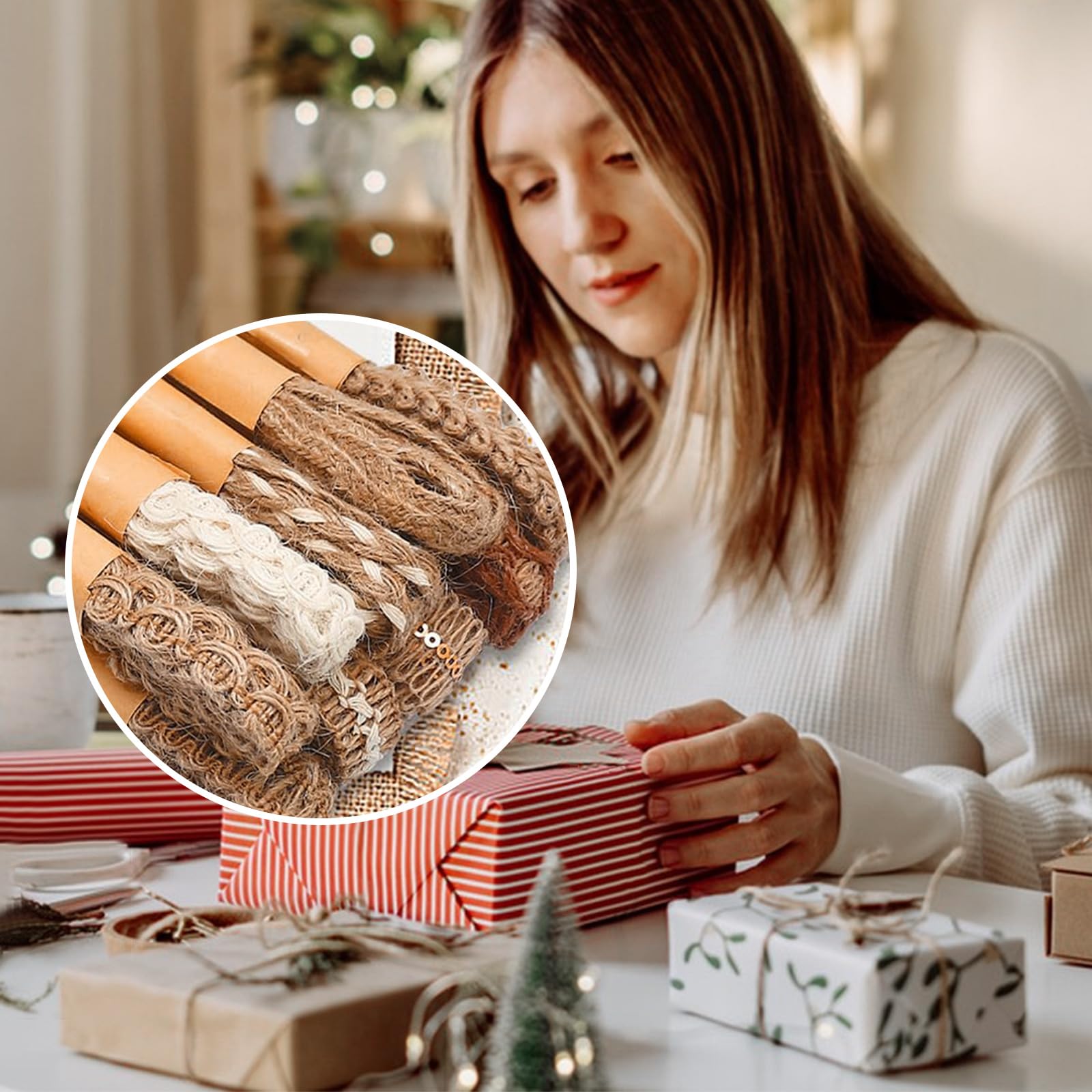 9 Rolls Natural Burlap Lace Ribbon Trim,18 Meters Jute Craft Ribbon for DIY Sewing,Rustic Wedding Decorations,Gift Wrapping&Party Supplies