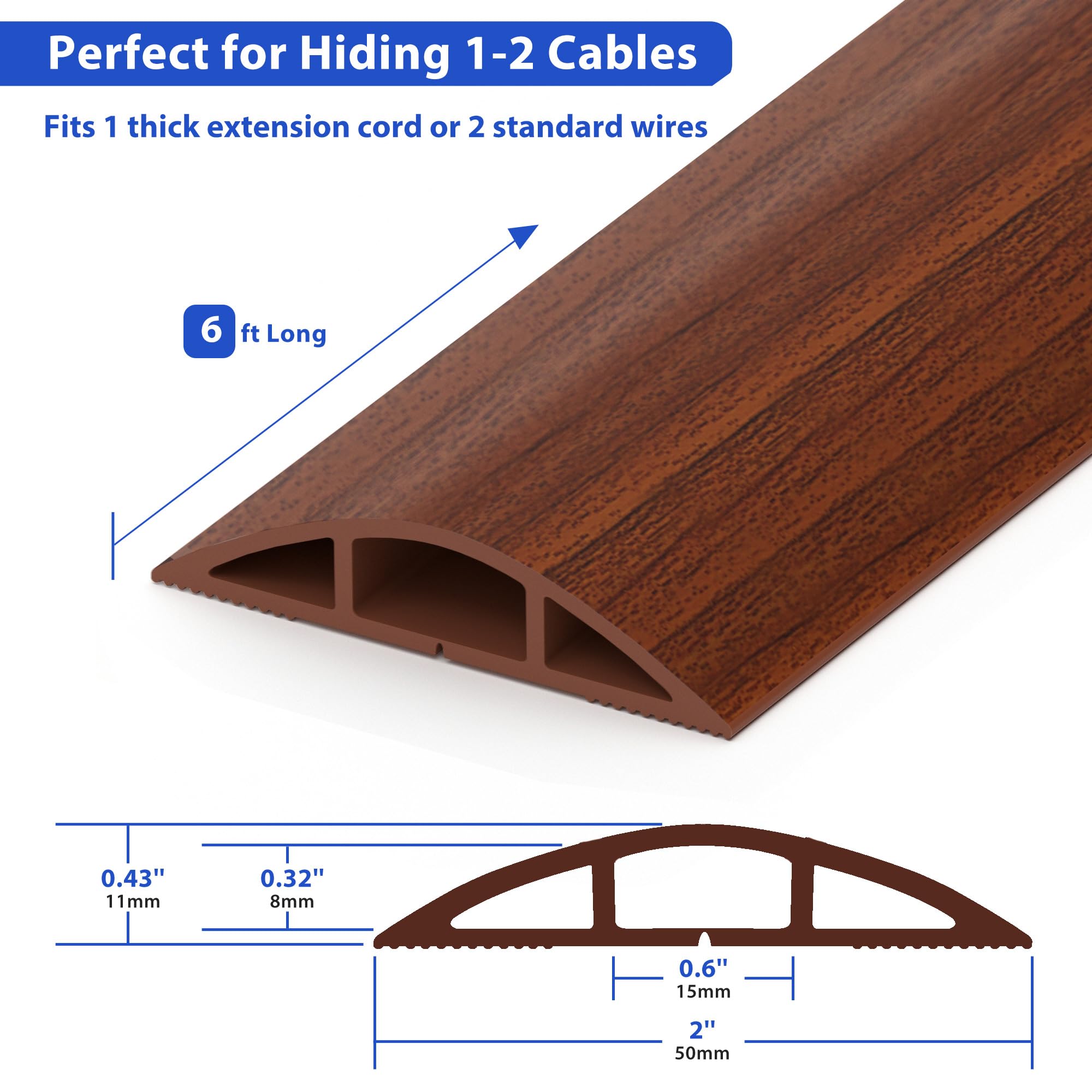 Cubierta de cable de suelo de 6 pies, cable de madera de nogal marrón, cables de extensión ocultos, gestión de cables de suelo, cubierta de cable de suelo, cubierta de alambre para cables, cavidad de
