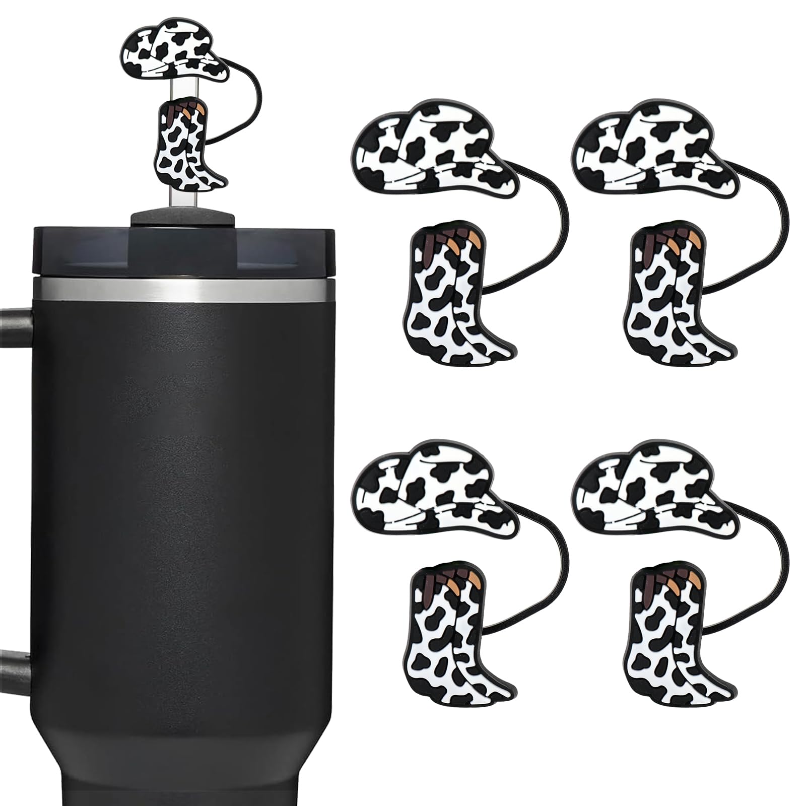 JarThenaAMCS 4Pcs Cowboy Hat Straw Covers Cow Print Reusable Straw Topper Caps Cute Patterned Straw Tip Covers 10mm 0.4 Inch for 30 & 40 OZ Tumbler with Handle