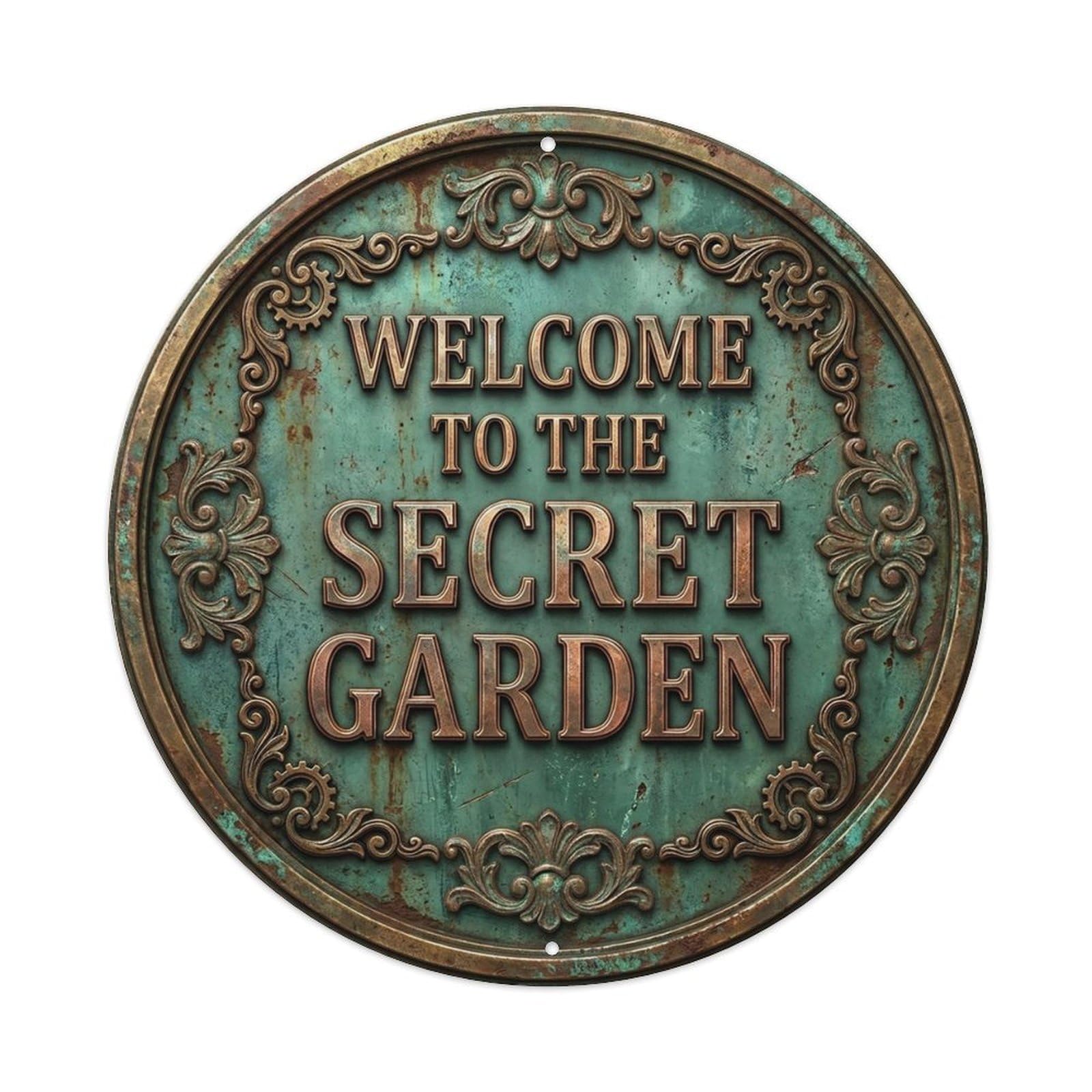 Vintage Welcome Secret Garden Copper Bluegreen Rococo Metal Tin Sign