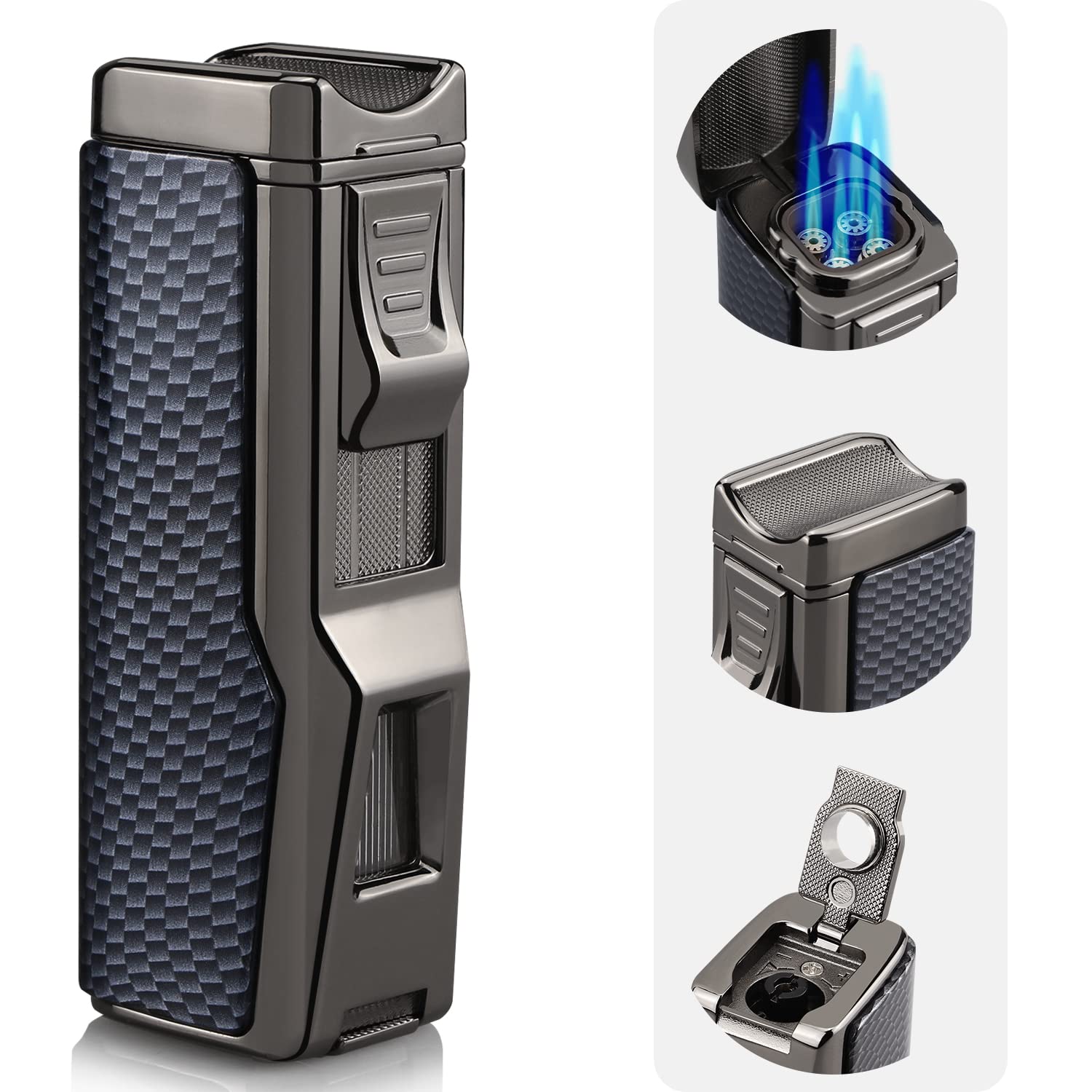 Kantion 4 Jet Flame Torch Cigar Lighter - Refillable Butane, Windproof With Punch & Holder - Gift for Men Women (Blue Black, Without Gas)