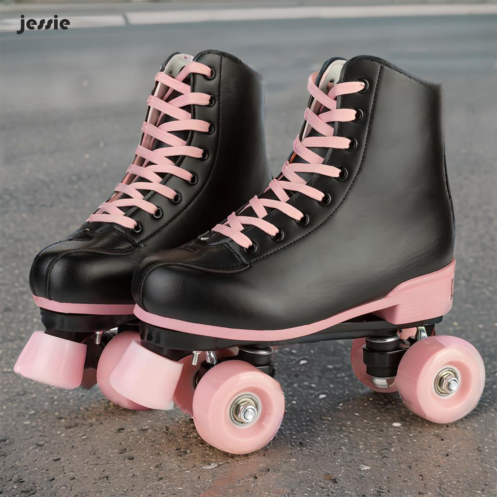 jessie Women Roller Skates with Light Up Wheels Stylish Black Quad Skating Ideal for Men, Adult, Youth and Beginners Outdoor(Flash Wheel, 40-25cm/9.84in)