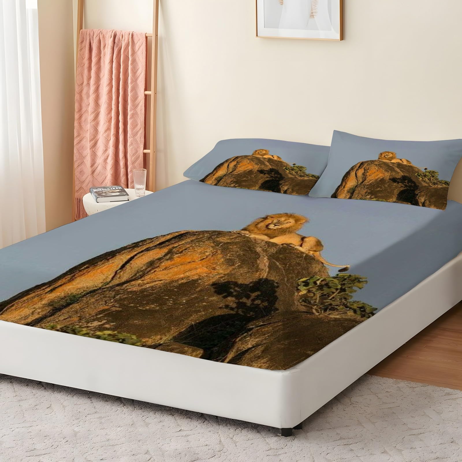 Prześcieradło z gumką z gumką Las Sawanna 160x200 Zielona pościel, miękki komfortowy ochraniacz na materac z głęboką kieszenią 30 cm i 2 poszewkami na poduszki