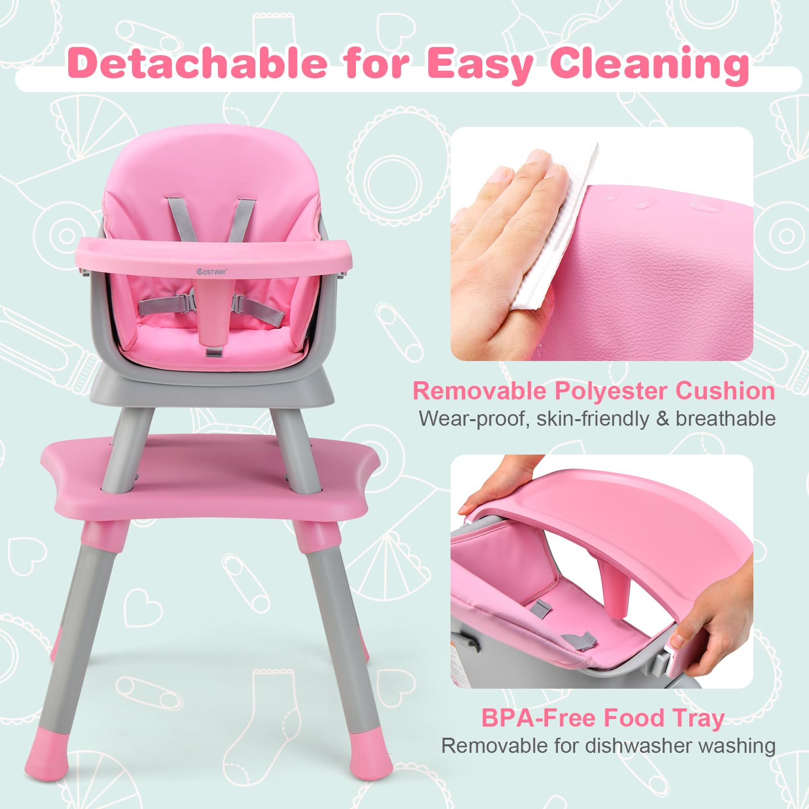 RELAX4LIFE 6 en 1 Trona Bebé con Arnes de 5 Puntos y Cojín Desmontables, Tronas de Bebe Portátil con Bandeja Ajustable y Extraíble, Mesa y Silla Infantil para Niños 6+ Meses, Carga 25kg (Rosa)